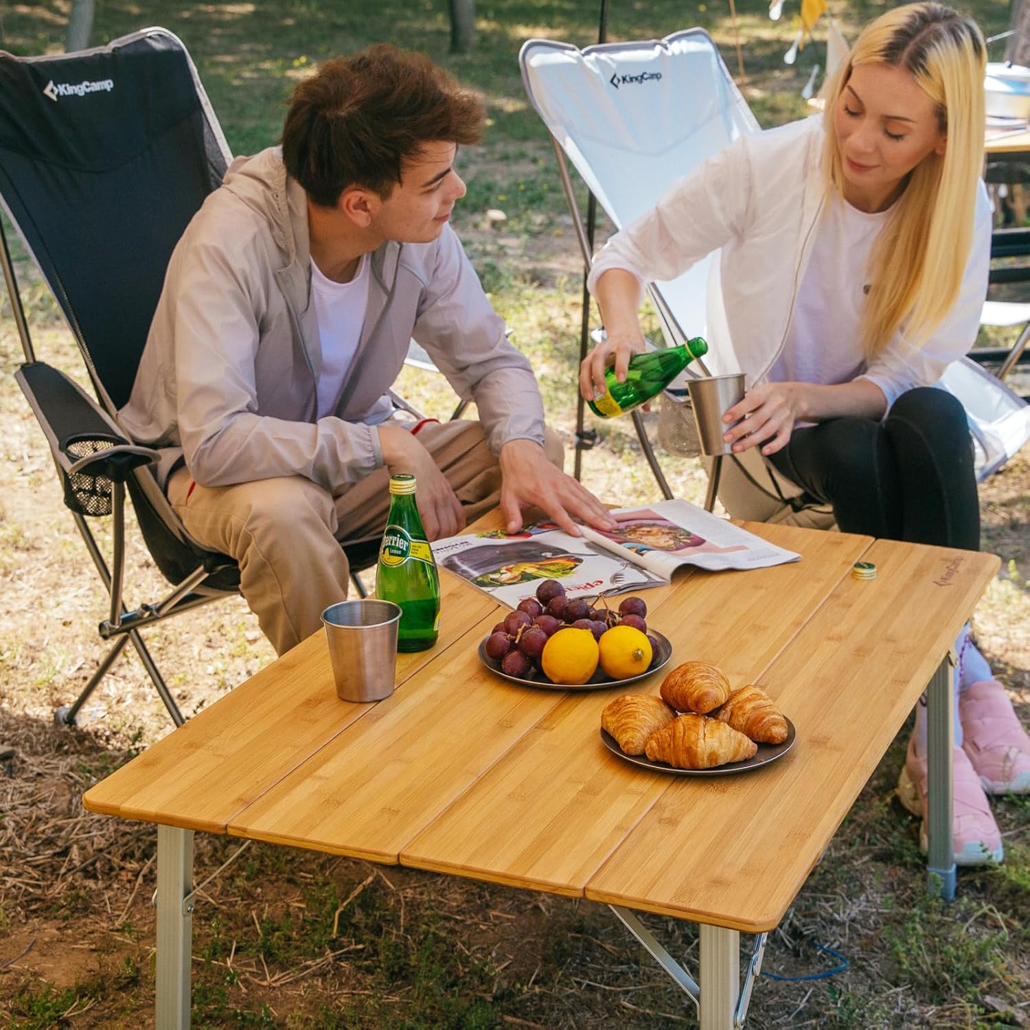 KingCamp Campingtisch Bambus Klapptisch höhenverstellbar (45/52 / 65 cm) für 4-6 Personen Campingtisch klappbar 4 Falten mit Tragetasche belastbar bis 80 kg,100 x 65 cm,L
