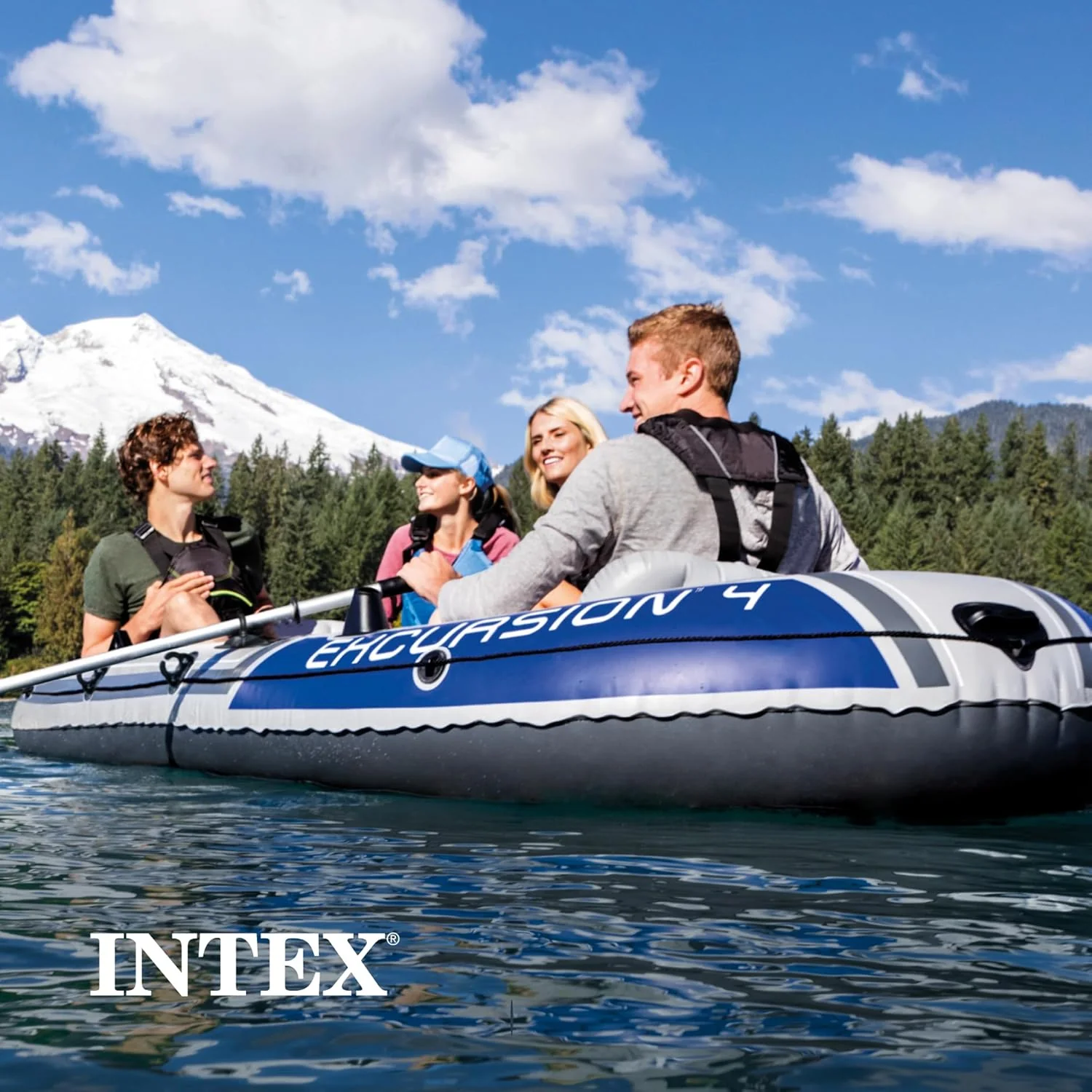 INTEX Excursion Inflatable Boat Series: Includes Deluxe 54in Boat Oars and High-Output Pump ?C SuperTough PVC ?C Adjustable Seats with Backrest ?C Fishing Rod Holders ?C Welded Oar Locks