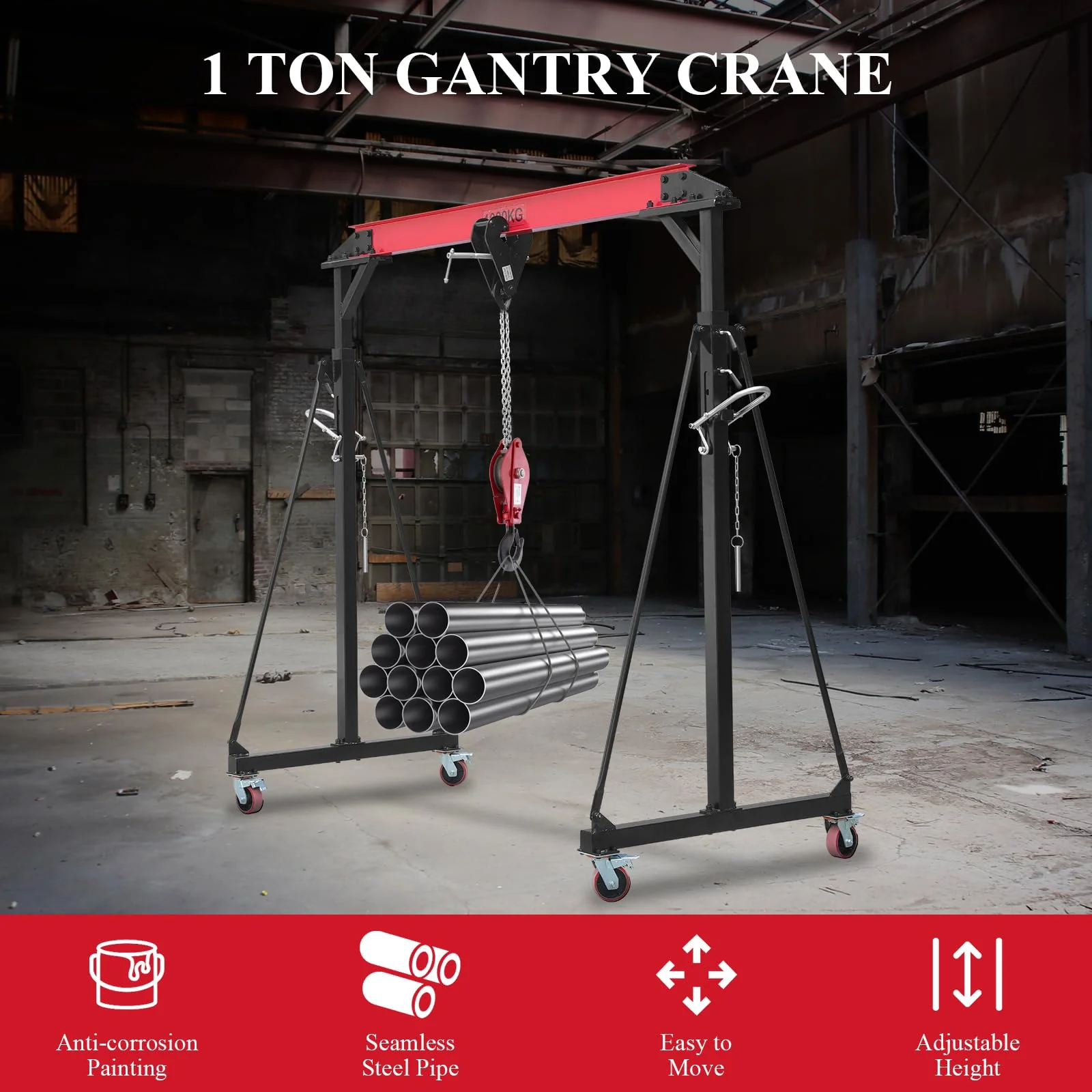 Garvee 1 Ton Adjustable Gantry Crane, 2200 lbs Capacity, Height Adjustable 96.5
