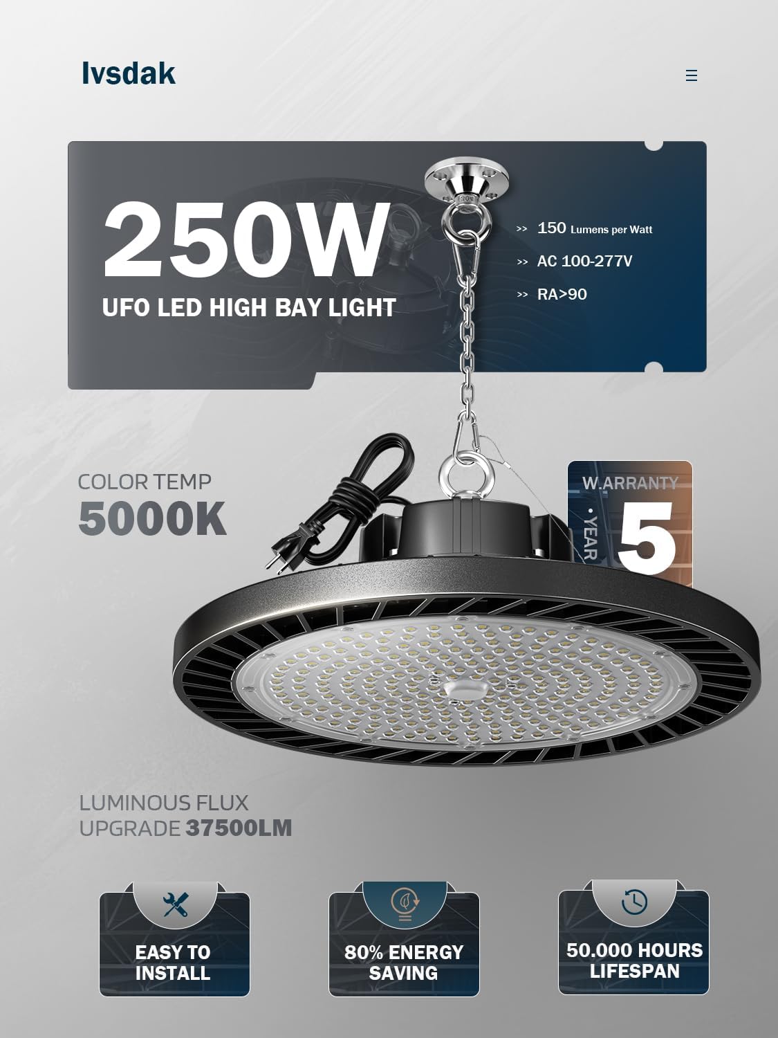 UFO LED-Leuchtmittel, 250 W (Eqv.1000 W Mh/Hps/Hid), Tageslicht, 5000 K, 37500 lm, mit 1,5 m langem Kabel mit 5 m langem Kabel für Geschäfte, kommerzielle Beleuchtung für Lager