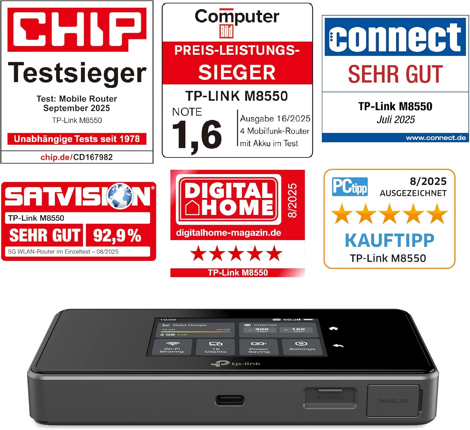 TP-Link M8550 5G LTE Mobiler WLAN Router – Bis zu 3,4 Gbit/s, Tri-Band Wi-Fi 6E, Nano-SIM-Karten Slot, Gigabit WAN/LAN, 4680 mAh Akku, Touchscreen, Wireguard, bis zu 32 Geräte