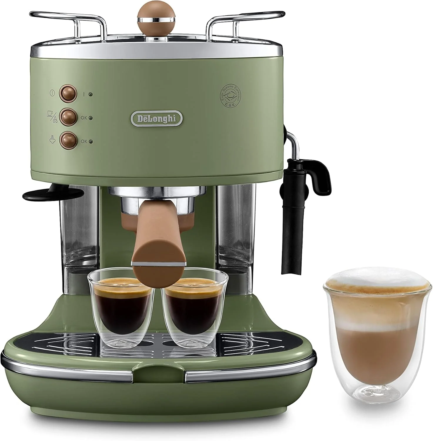 De'Longhi Icona Vintage ECOV 311.GR �C Espresso-pistonmachine in retrolook, espressomachine met handmatige melkopschuimer, voor gemalen koffie of ESE-pads, 1,4 l waterreservoir, groen