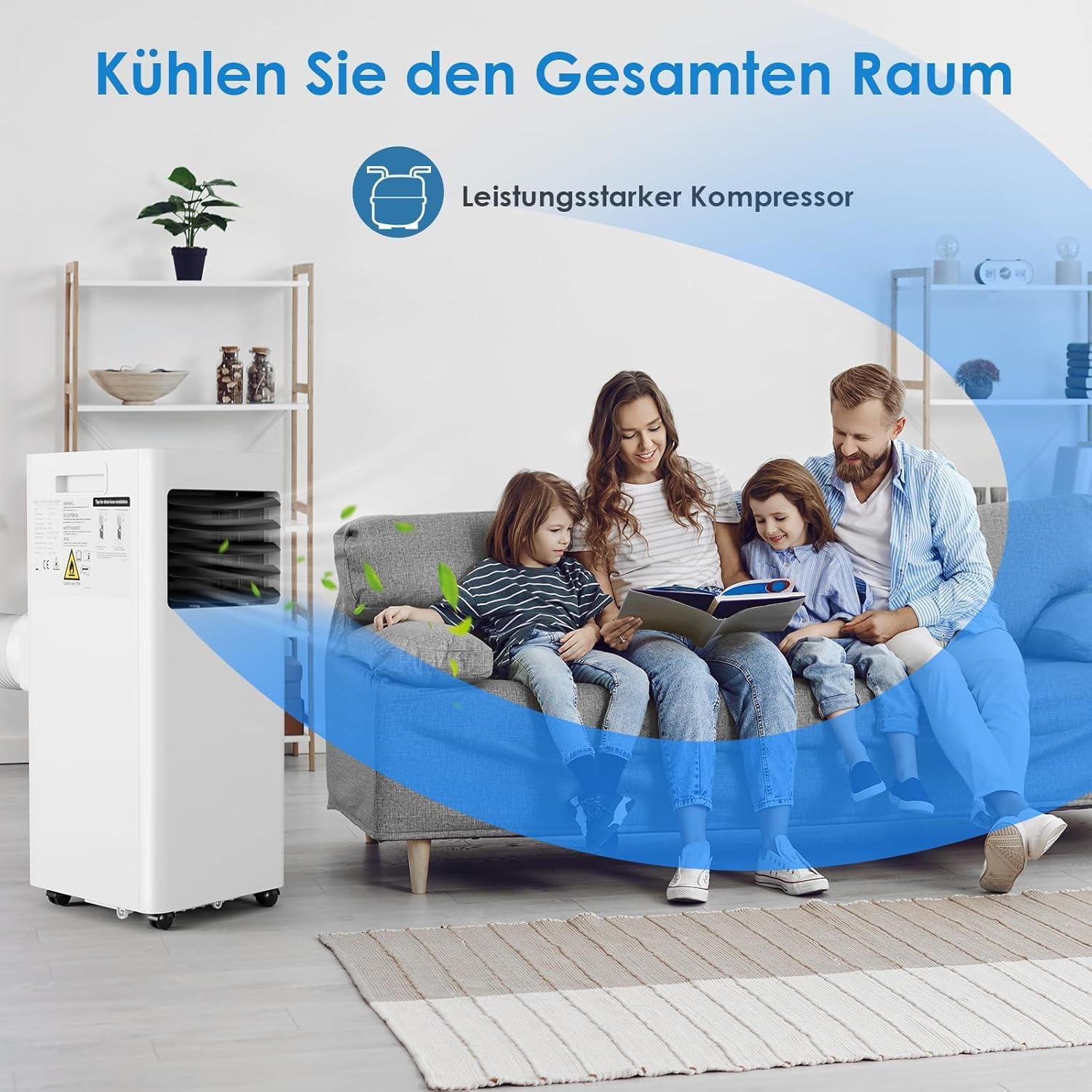 LIFERUN Mobiles Klimagerät, 4in1, Kühlen, Entfeuchten, Ventilieren, Staubfilter, 9000BTU/h 2,6kW, Mobile Klimaanlage mit Abluftschlauch, Fernbedienung, 24H-Timer, Schlafmodus, für Räume bis 31 m²