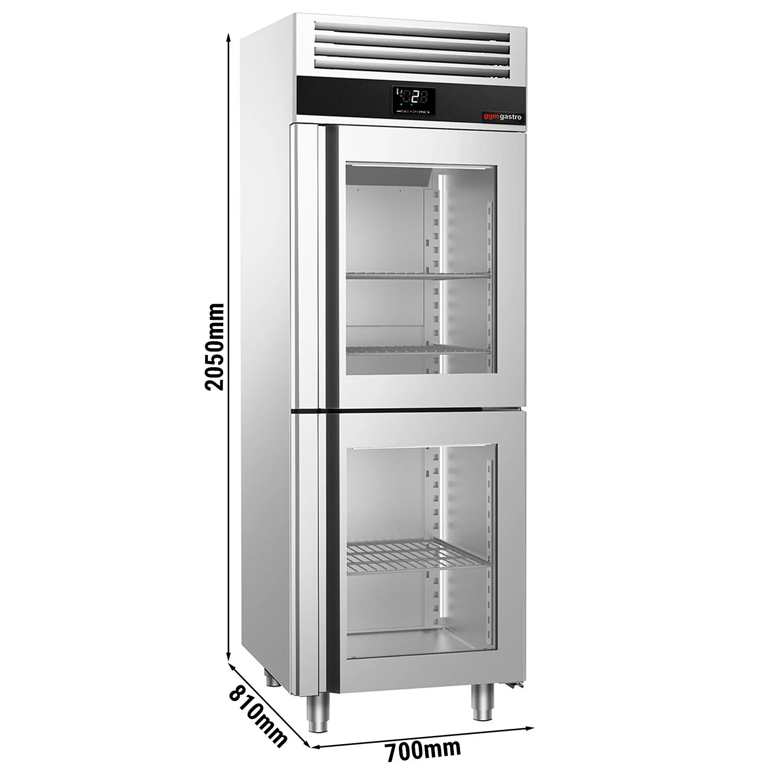 Kjøleskap i rustfritt stål PREMIUM - GN 2/1 - 700 l - -2 °C til +8 °C - med 2 glassdører - LED-belysning, R290