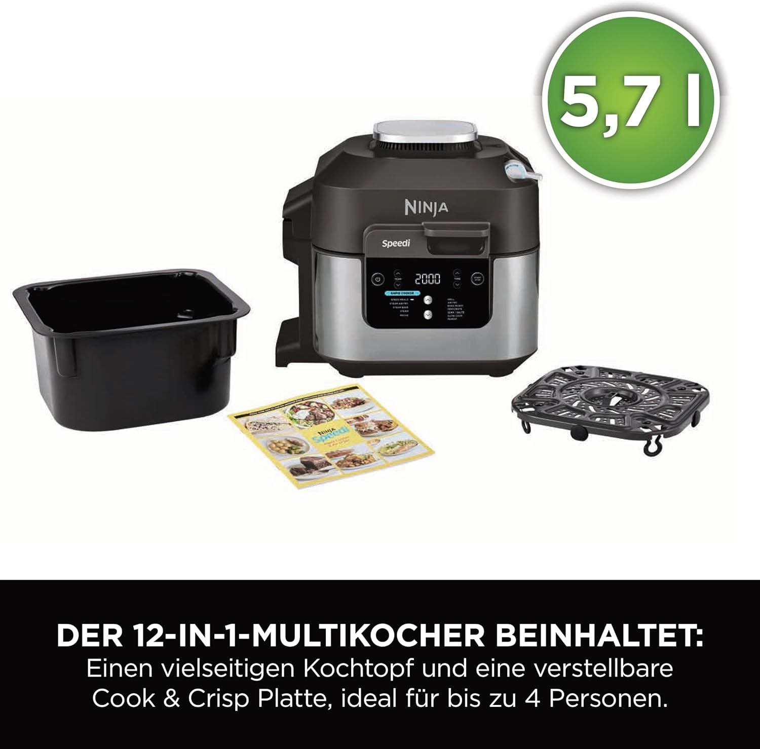 Ninja Speedi Multikocher, 5,7L, 12-in-1 Multicooker, Air fryer Heißluftfritteuse, Slow Cooker Langsamkochen, Grillen, Backen, Schwarz ON500EU