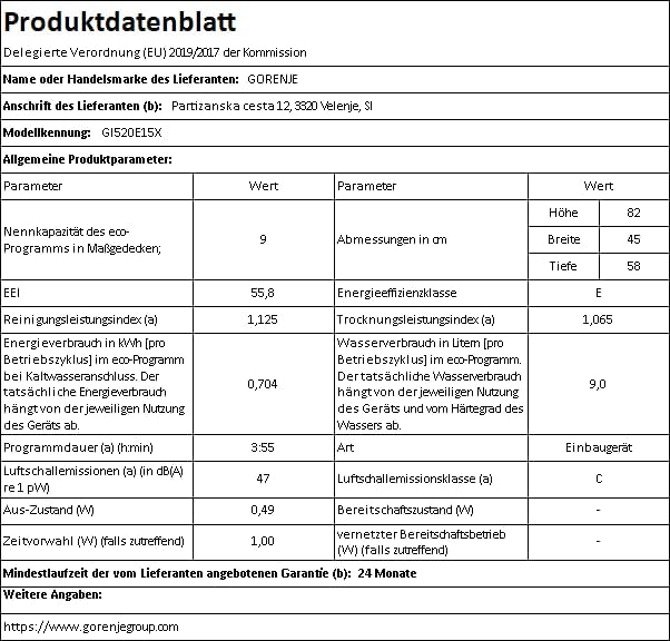 Gorenje GI 520 E15X Teilintegrierbarer Geschirrspüler / 45cm / 9 Maßgedecke / 5 Programme / 1h Reinigungsprogramm / höhenverstellbarer Oberkorb / vollständiger Überlaufschutz, Eingebaut, Edelstahl