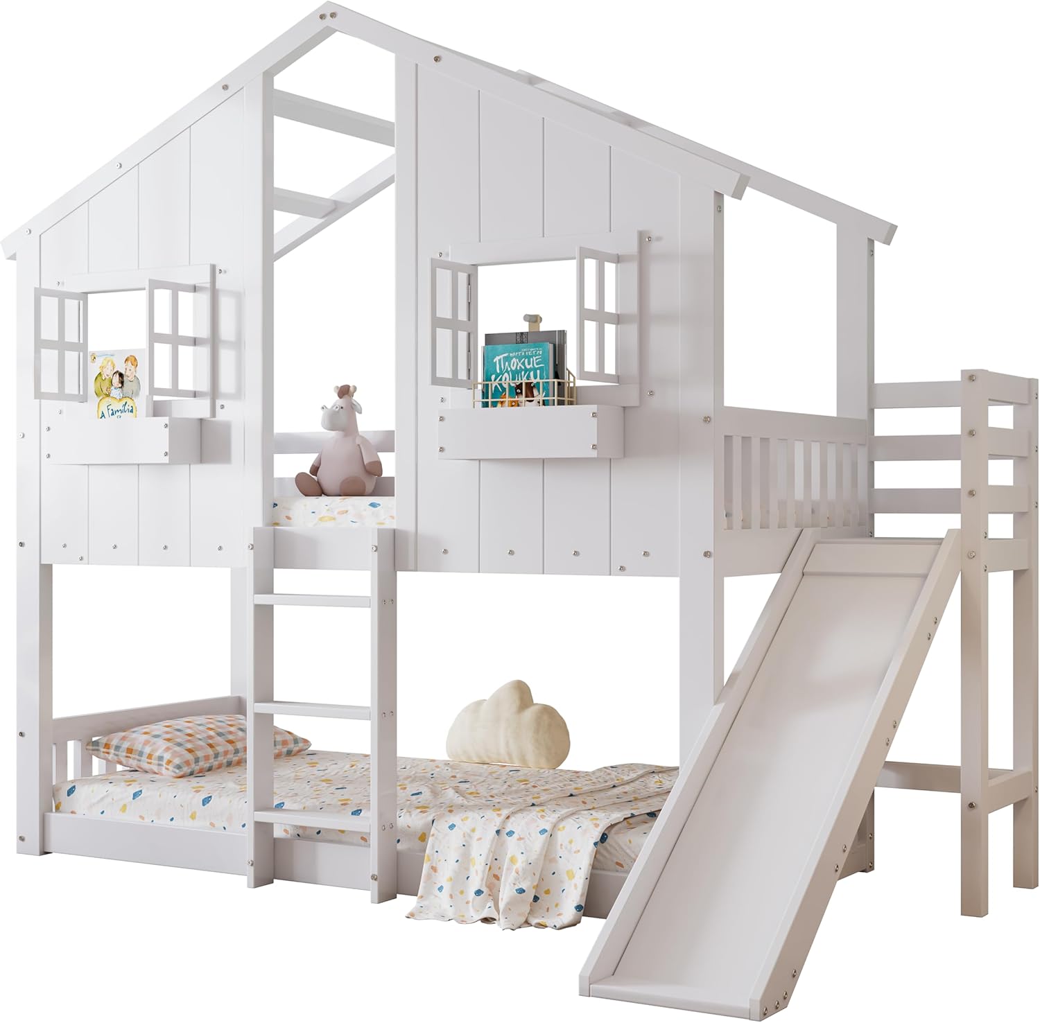 Etagenbett Kinderbett 90x200, Hochbett Hausbett für 2 Kinder, Stockbett mit Rutsche&Leiter&Fenstern&Dach&Aufbewahrungsbox, Doppelbett Holzbett mit Lattenrost&Rausfallschutz, Kiefer, Ohne Matratze,Weiß