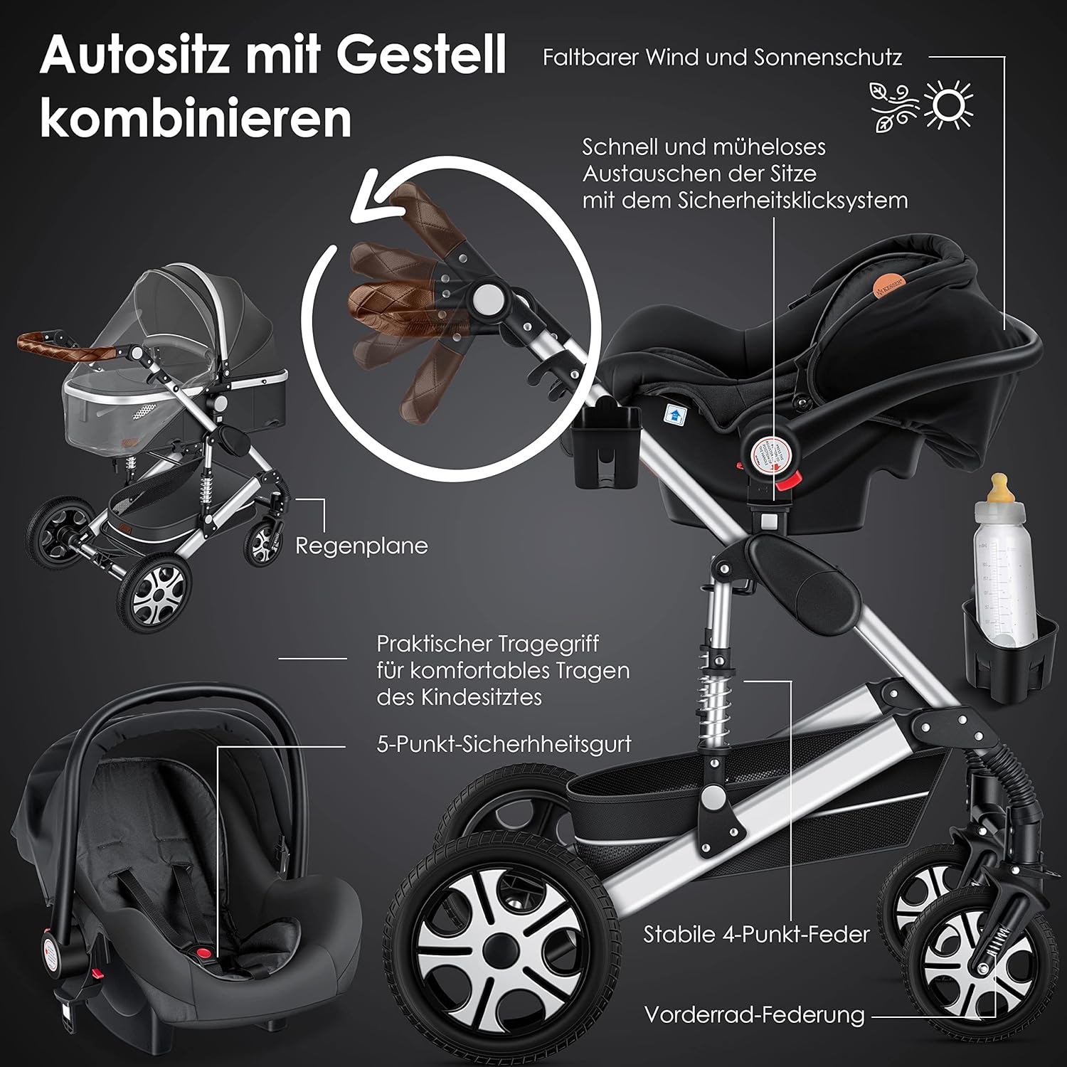 KESSER® Loops 3 in 1 Kinderwagen Kombikinderwagen Komplett-Set inkl. Babywanne & Buggy Sportsitz & Auto-Babyschale Voll-Gummireifen Wickeltasche Regenschutz Kindertisch ECE R129, Schwarz/Champagne