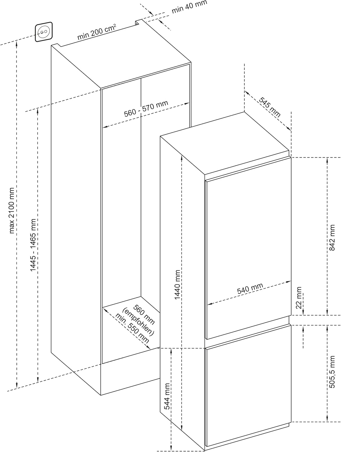 TELEFUNKEN Einbau-Kühl-Gefrierkombination | Einbaukühlschrank mit Gefrierfach (4-Sterne) | 144cm Nische | 211 Liter Gesamt-Nutzinhalt | Schlepptür | Less Frost | Temperaturregelung | C-EKG-144-ST-E