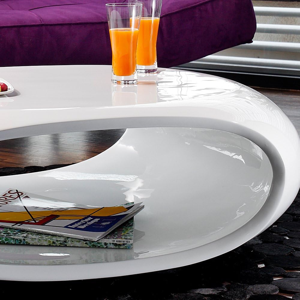 SalesFever Couch-Tisch Hochglanz weiß oval 100x70 cm aus Fiberglas | Ofu | Moderner Wohnzimmer-Tisch in Weiss mit Trendiger Optik durch High-Gloss Oberfläche 100cm x 70cm