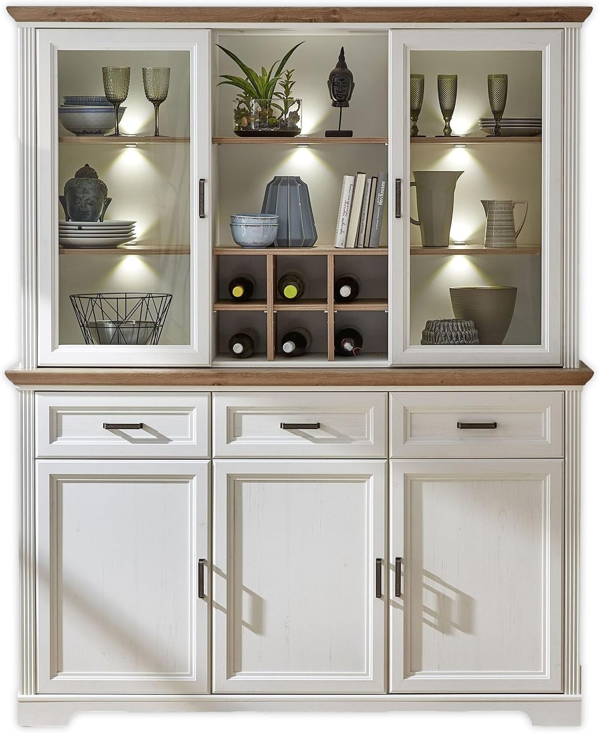 Stella Trading Buffetschrank in Pinie hell, Artisan Eiche Optik - Vitrinenschrank mit LED-Beleuchtung und viel Stauraum im Landhausstil - 166 x 205 x 48 cm (B/H/T)