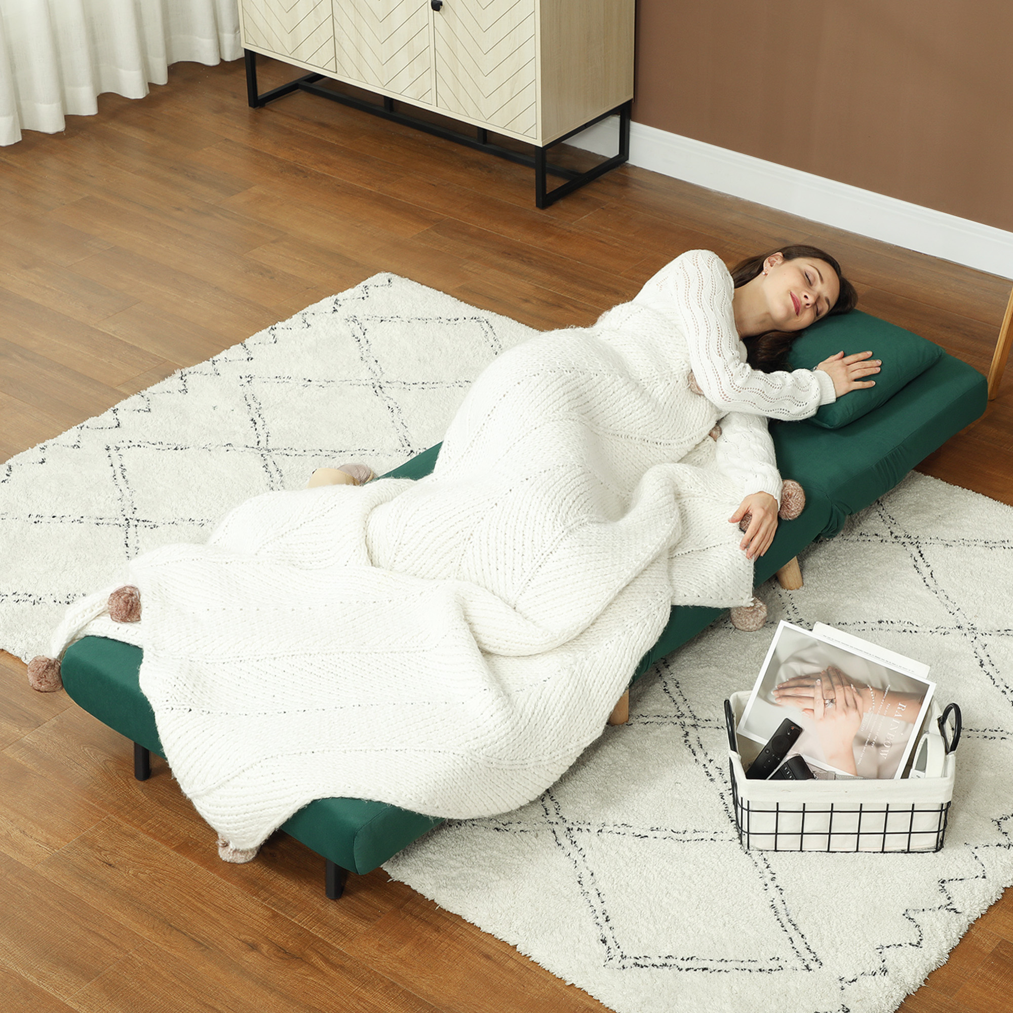 Opklapbare Stoel met Bedfunctie, Opvouwbare Relaxstoel in Fluweel Look, Verstelbare Rugleuning, tot 120 kg Belastbaar, Donkergroen