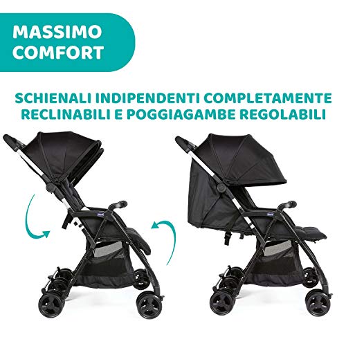 Chicco OHlalà Twin Passeggino Gemellare Doppio da 0 Mesi a 15 kg, Passeggino Leggero Reclinabile e Pieghevole, Chiusura Compatta, Poggiagambe Regolabili, Parapioggia e Capottina Estendibile, Nero : Prima infanzia
