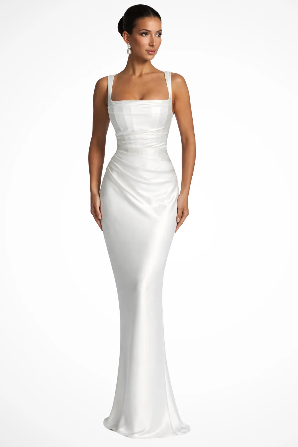 Maxikleid Damen f��r Hochzeitsg?ste mit Carr��-Ausschnitt und Raffung �C Elegantes Abendkleid inklusive Handschuhen und Choker