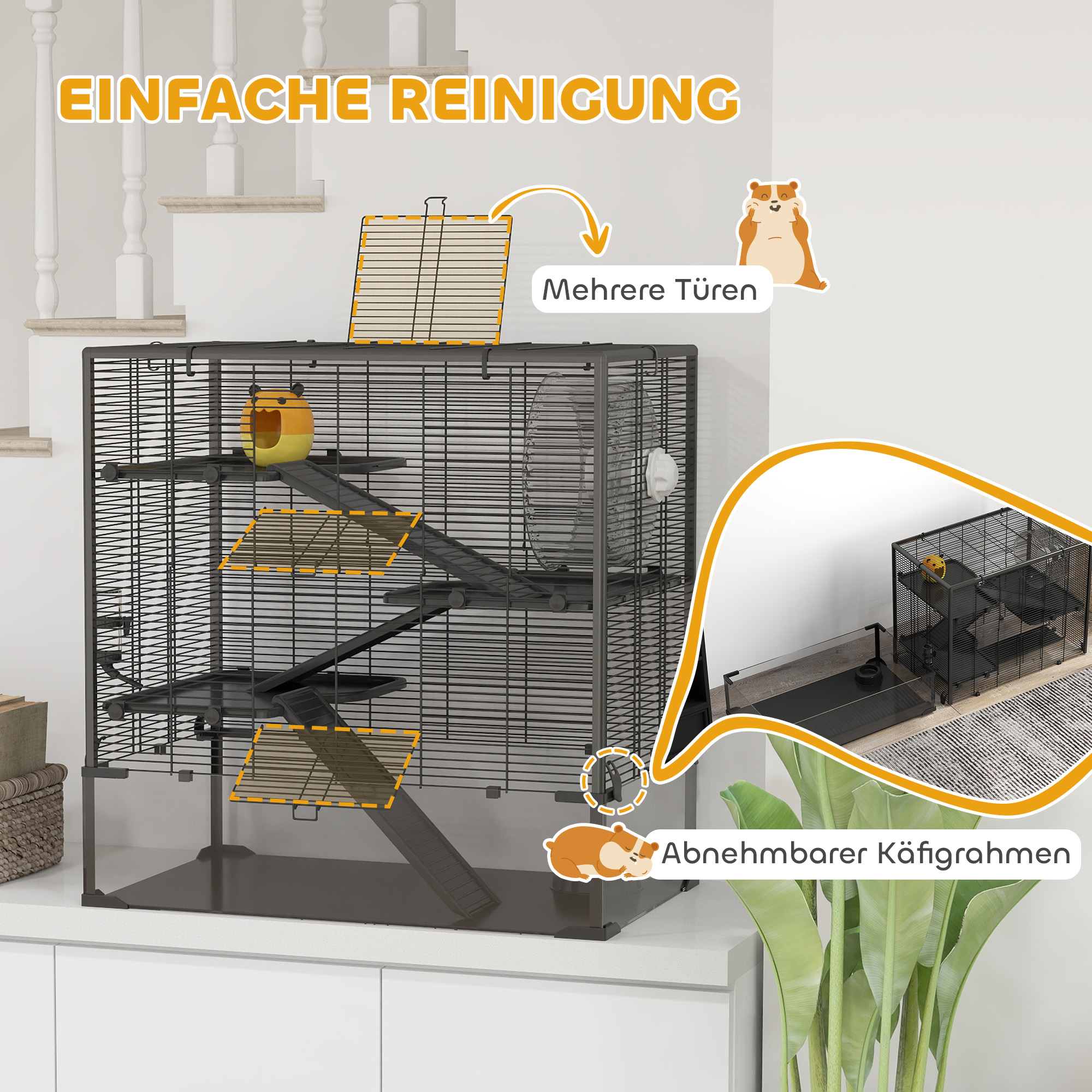 Hamsterkooi met glazen bodem, 4-niveau knaagdieren verblijf met hut en accessoires, 78,5L x 48,5B x 80H cm, Zwart