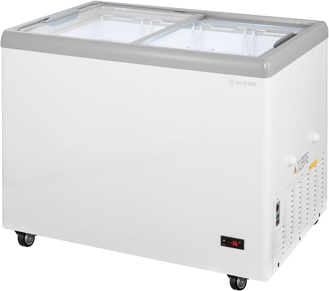 GastroHero Eiscreme Gefriertruhe 284 Liter Tiefkühltruhe LED Beleuchtung Schiebeglasdeckel Rollen Gefrierschrank Gewerbe Eis Truhe Verkauf –18 °C Gastronomie Kiosk