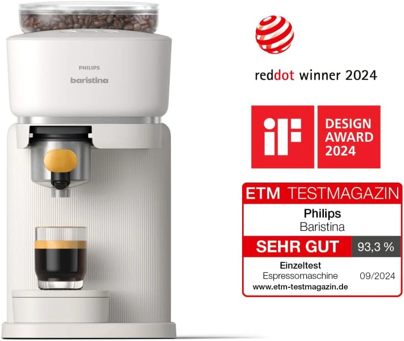 Philips Baristina Espressomaschine - Real Espresso- made simple. Kompakte Kaffeemaschine- Naturwei? mit wei?em Siebtr?ger- 16-bar-Pumpendruck- automatisches Mahlwerk- Cafe Crema (BAR300/00)