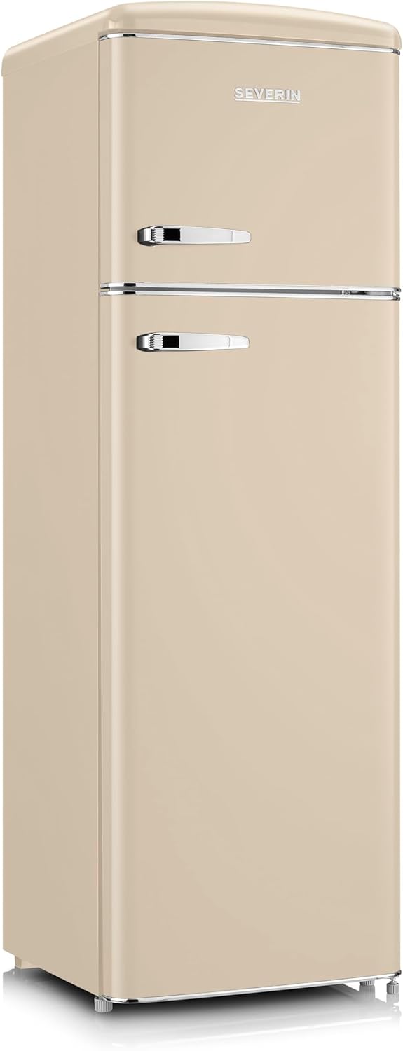 Severin Réfrigérateur Congélateur 2 portes, Pose libre, Réfrigérateur Double Porte avec Congélateur Largeur 55 cm, 246 L, Classe D, Look Rétro, Crème, RKG 8985