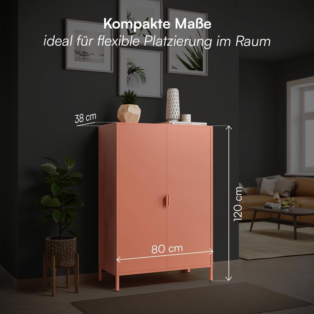 skølm Ituri Metall Kommode – Metallschrank mit 3 verstellbaren Fächern – Sideboard Wohnzimmer Terrakotta – Aufbewahrungsschrank aus Stahl – Highboard im Industrial Design – Büroschrank/Flurschrank