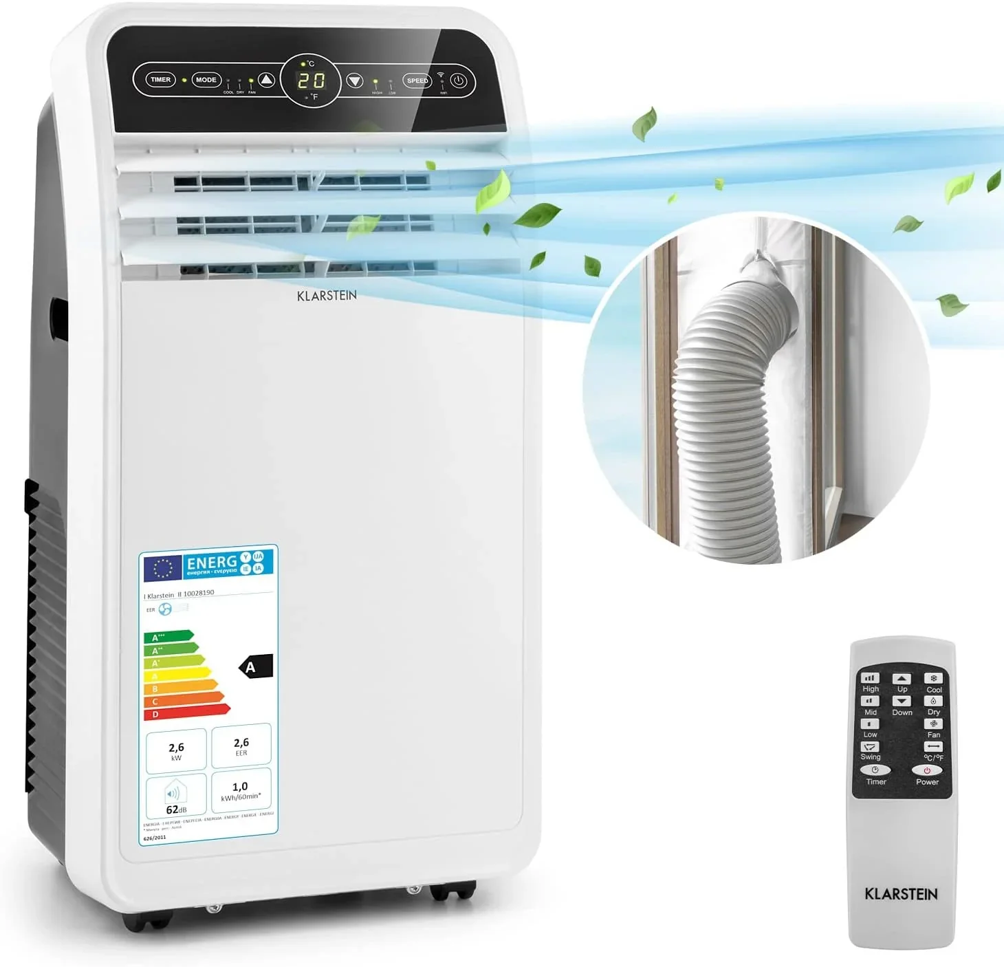 Klarstein Mobile Klimaanlage mit Abluftschlauch, 4-in-1 Klimager?t mit Ventilator, Luftentfeuchter & Nachtmodus, Kleine & Portable Klimaanlage f��r Wohnung & B��ro, Niedriger Verbrauch, 9000 BTU