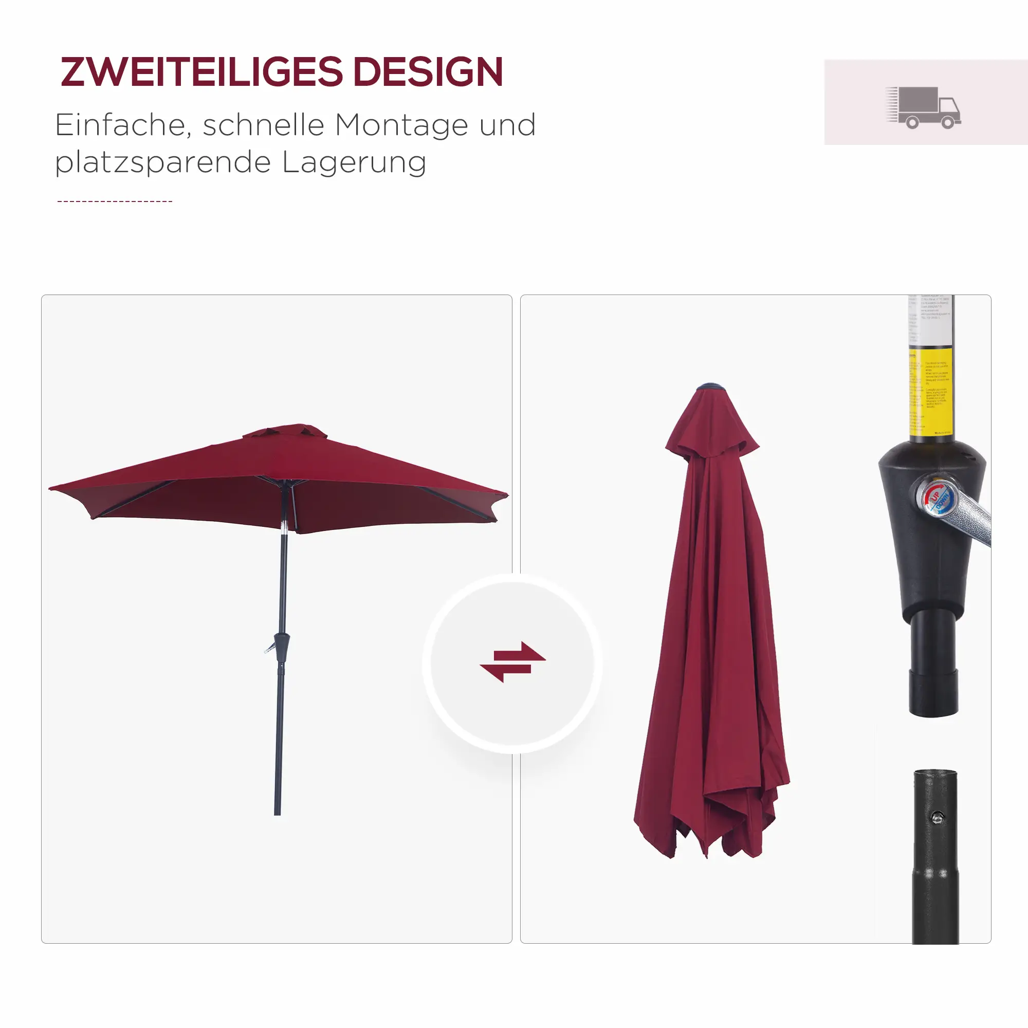 Outsunny Parasol Kantelfunctie Handslinger Aluminium Rood