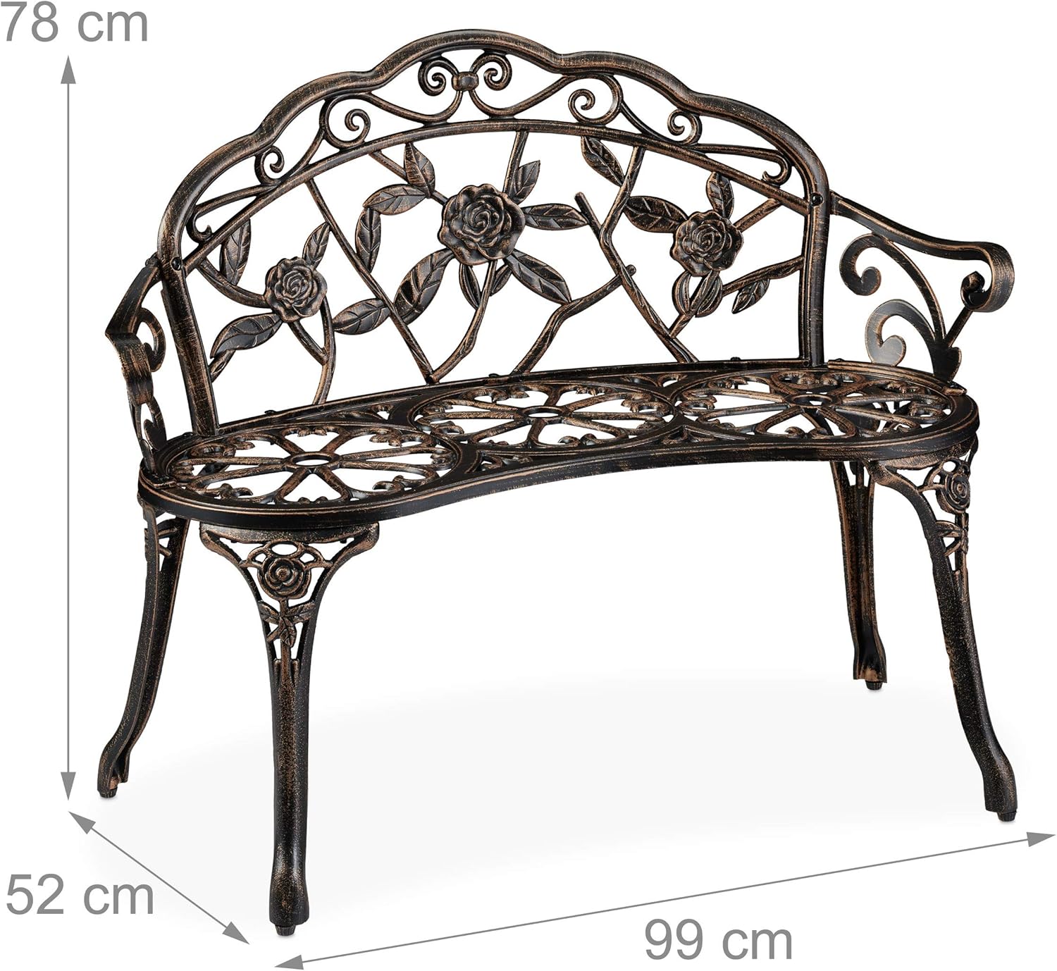 Relaxdays Gartenbank, 2 Sitzer, Rosen, Terrasse, Balkon, Alu & Gusseisen, antike Sitzbank, HBT: 78 x 99 x 52 cm, Bronze