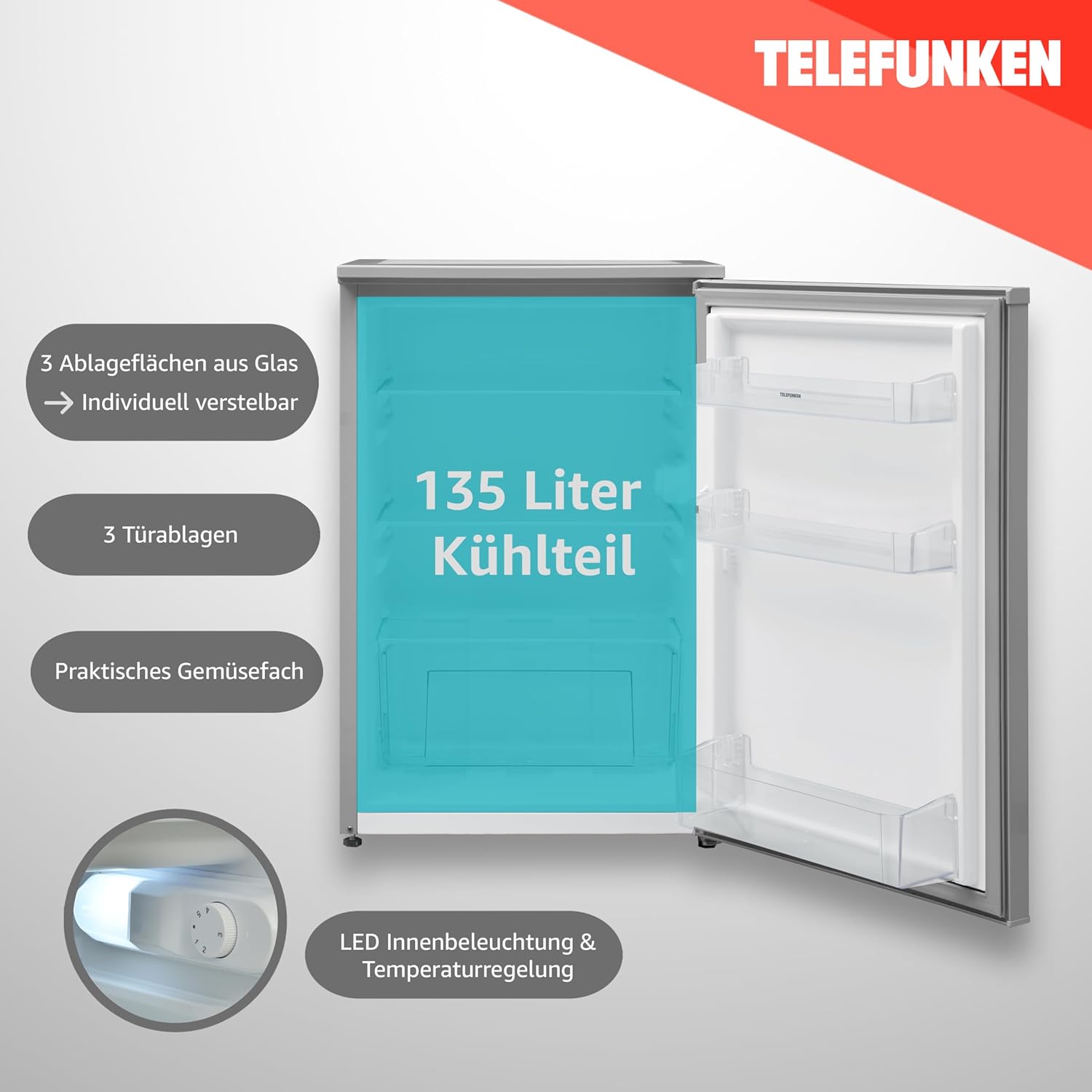 TELEFUNKEN Kühlschrank ohne Gefrierfach freistehend Standkühlschrank mit 135 Liter Nutzinhalt Kühlschrank klein mit Gemüsefach Vollraumkühlschrank Türanschlag wechselbar C-135-100-S silber