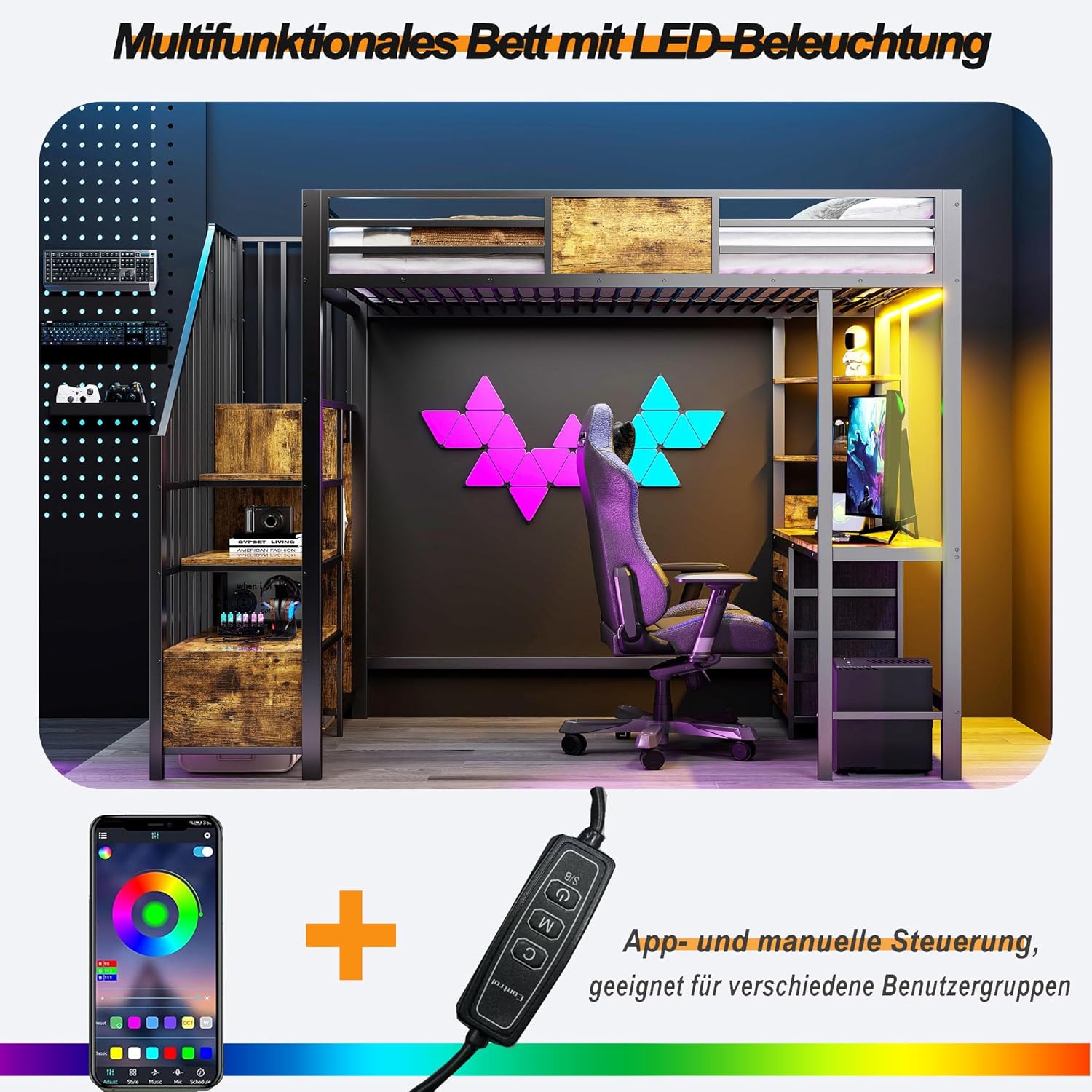 Merax Hochbett 90×200 cm aus Metall, mit Schreibtisch, Offener Kleiderschrank, Loftbett mit LED-Beleuchtung und Steckdose, platzsparendes Etagenbett (ohne Matratze)