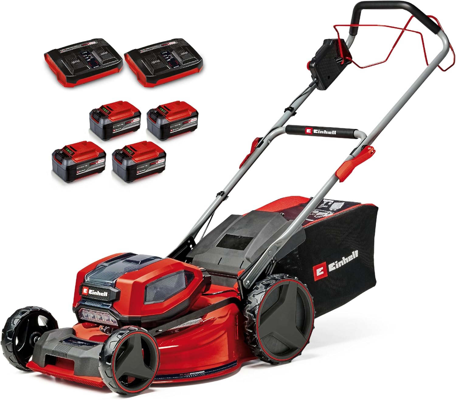 Einhell Akku-Rasenmäher GP-cm 36/52 S Li BL Kit Power X-Change (36 V, 52 cm Schnittbreite, bis 1200 m², Brushless, 65 L Fangkorb, Radantrieb, inkl. 4X 5,2 Ah + 2X Twincharger)