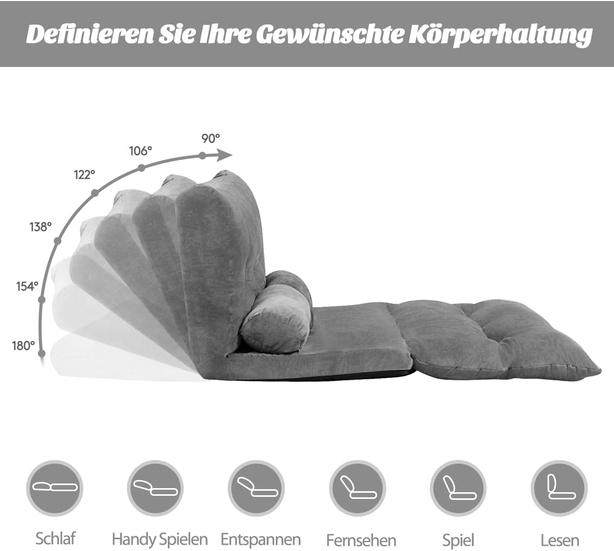 COSTWAY Klappbares Bodensofa, 3 in 1 Schlafsofa mit Schlaffunktion und Verstellbarer Rückenlehne, Sofabett mit 2 Lendenkissen, Klappsofa für Wohnzimmer & Schlafzimmer (Grau)