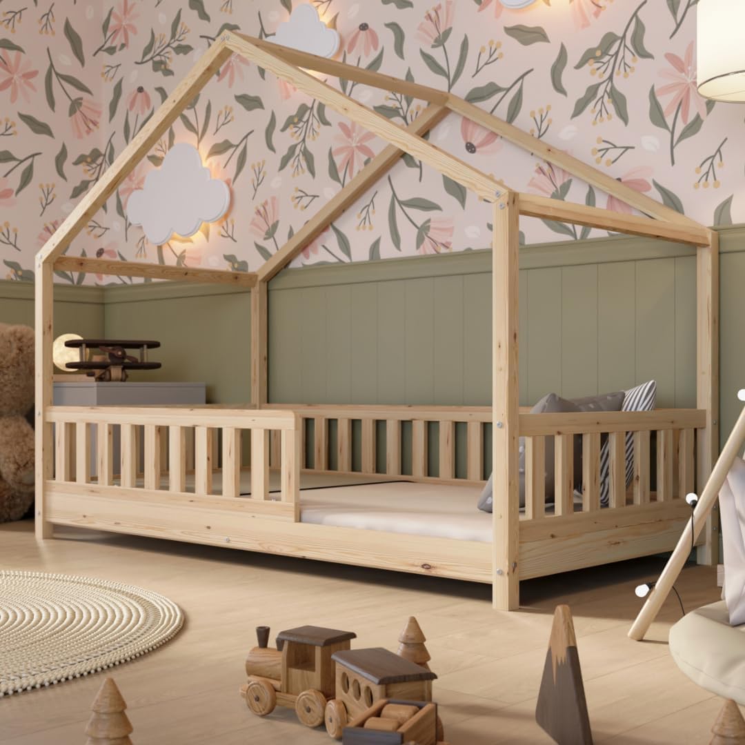Crazy Pine Hausbett mit Schubladen 200x90 cm – Kinderbett aus Naturholz mit Rausfallschutz – Montessori Bodenbett mit zusätzlichen Stauraum und und Abnehmbarer Barriere - Crazy House