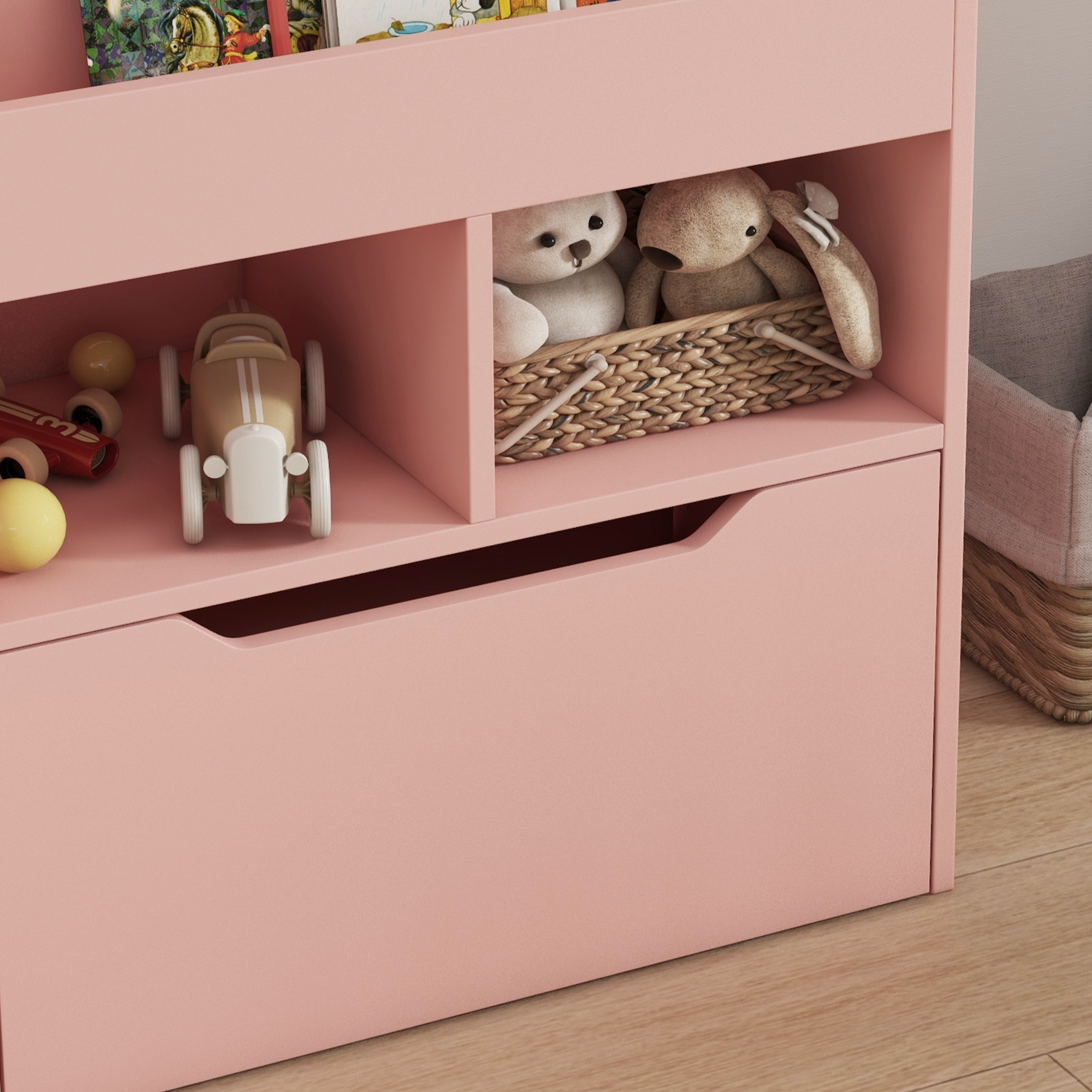 Kinderrek met Lade en Boekenrek met Vakken, 60 x 29,9 x 90 cm, Roze