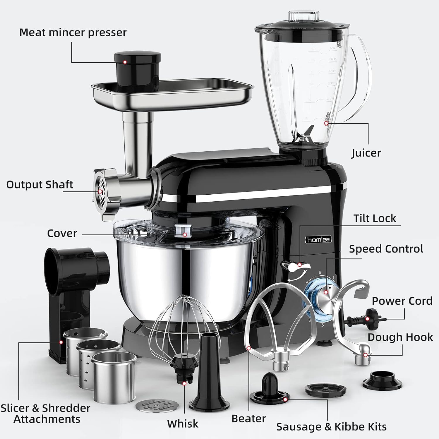 Homlee 3 in 1 Küchenmaschine 1800W Multifunktionale Knetmaschine 6-stufige Gescheindigkeit Mixer, mit Fleischwolf, 1.5L Saftpresse, 5.5L Edelstahlschüssel Teigmaschin