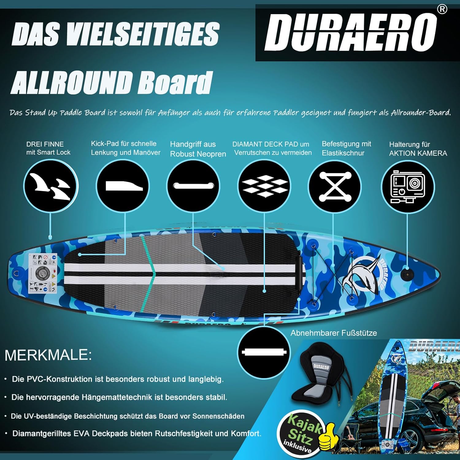 Inflatable Paddle Board with Kayak Seat, 330 x 76 x 15 cm, up to 150 kg, Integrated Pad, Detachable Fin, Double Adjustable Paddle, Repair Kit, Blue Camouflage