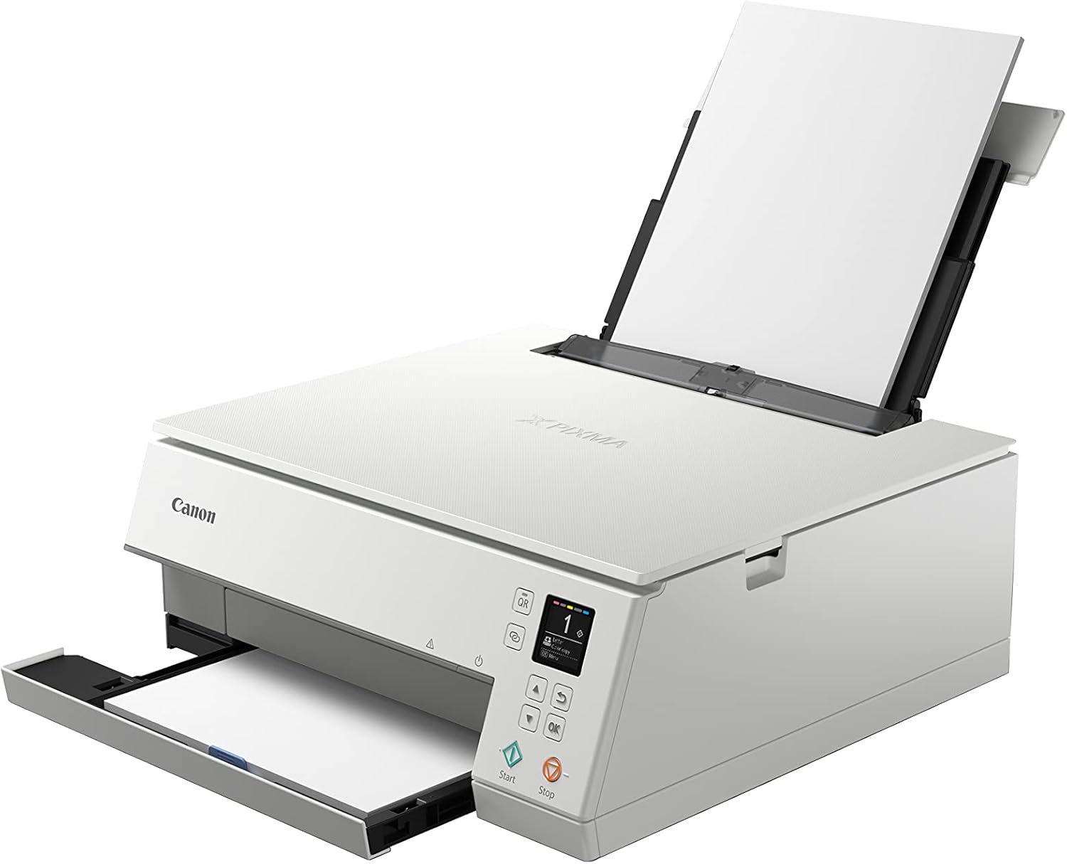 Canon PIXMA TS6351a Drucker Farbtintenstrahl Multifunktionsgerät DIN A4 (Scanner, Kopierer, Fotodrucker, OLED, 4.800 x 1.200 dpi, USB, WLAN, AirPrint, 5 Tinten, Duplexdruck, 2 Papierzuführungen), weiß