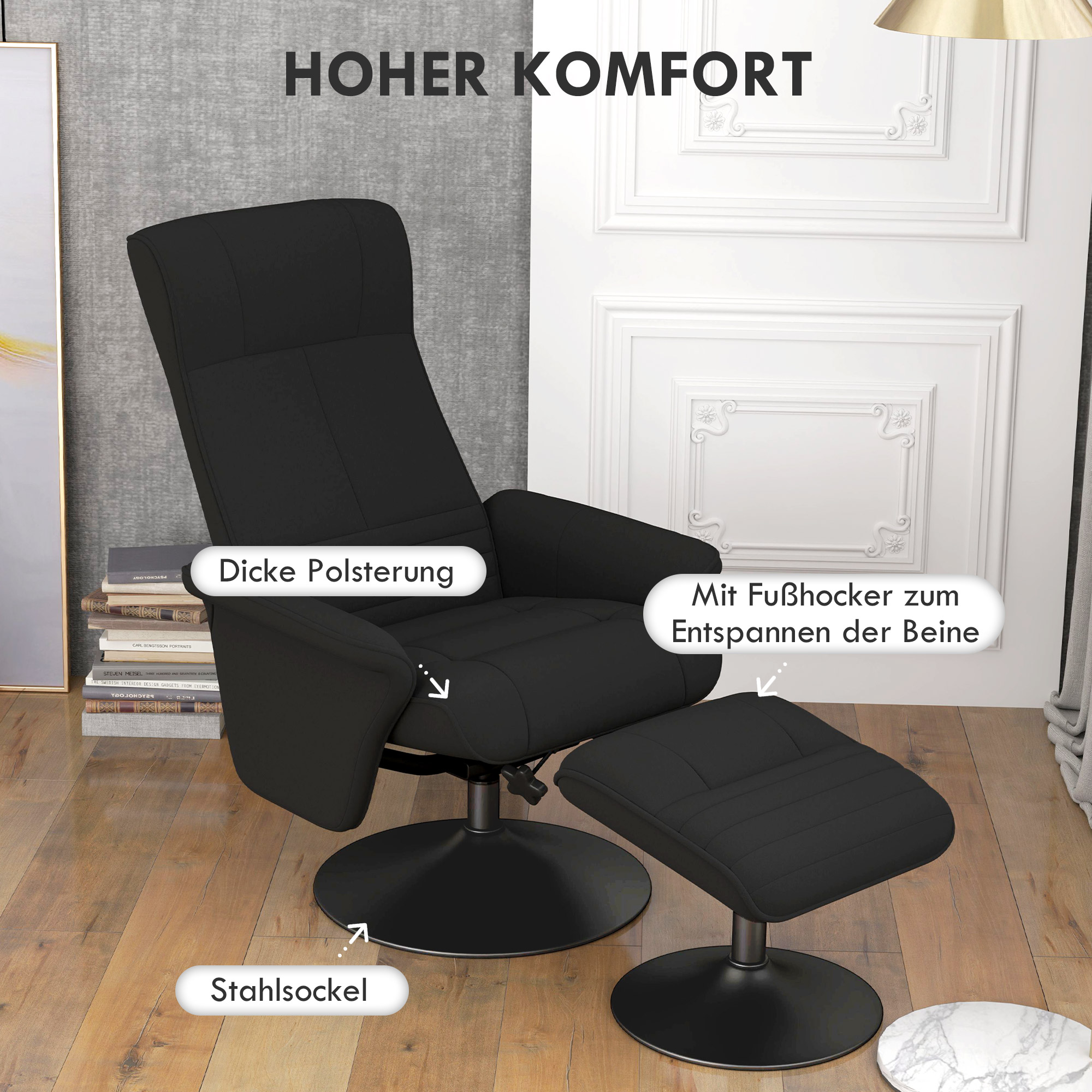 Polsterfauteuil, Accentstoel met Voetenbank, Draaibaar, Ergonomisch, Microvezeldoek, tot 150 kg, Zwart