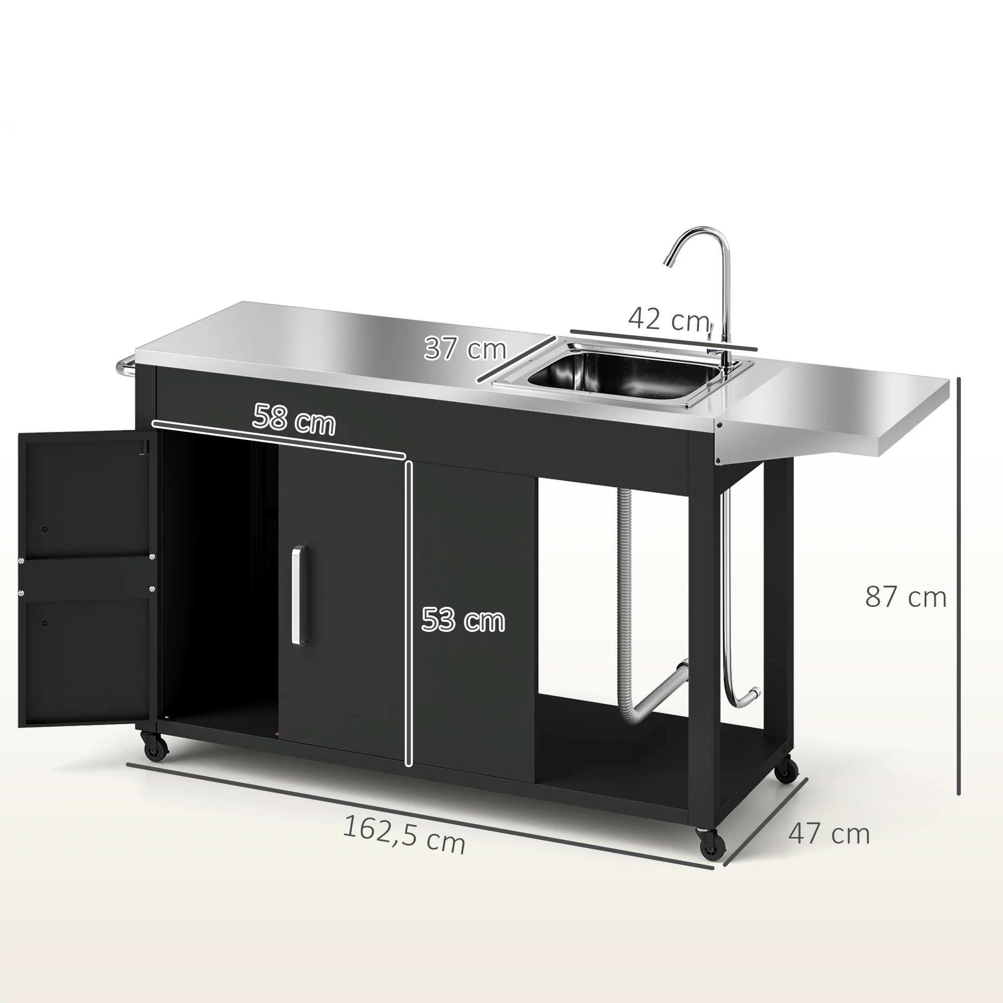 Outsunny Grillwagen Serveerwagen met Werkblad, Uitklapbare Zijplank, Kast, Spoelbak, Wielen, Roestvrij Staal 162,5x47x87cm Zwart