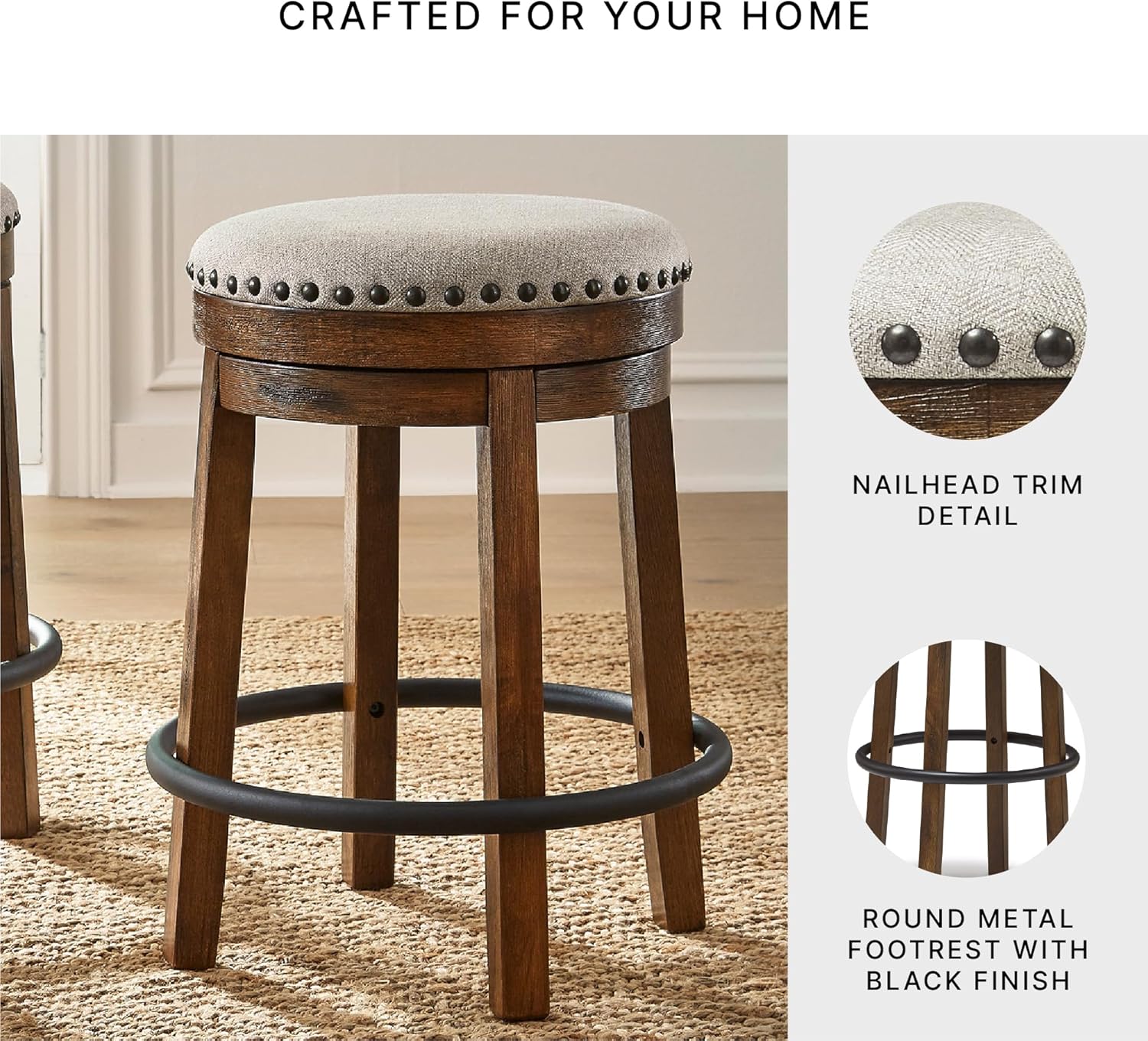 Signature Design by Ashley Valebeck Upholstered Swivel Stool, Cushioned Seat, Woven Fabric Upholstery, Wood, 24