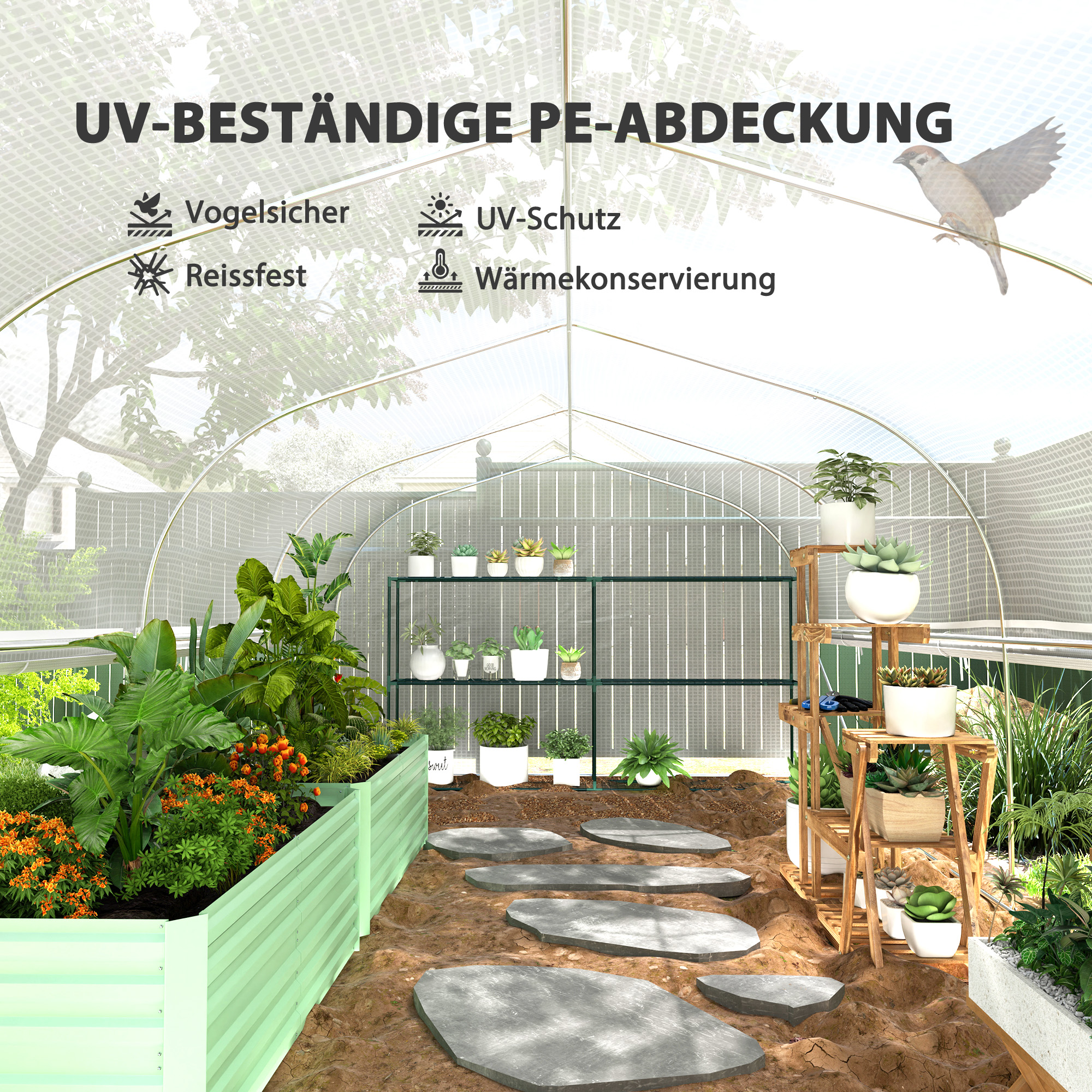 Outsunny 6x3x2m Kas, Toegankelijk, Met 8 Vensters, Deur, Vliegengaas, en Metalen Frame - Wit