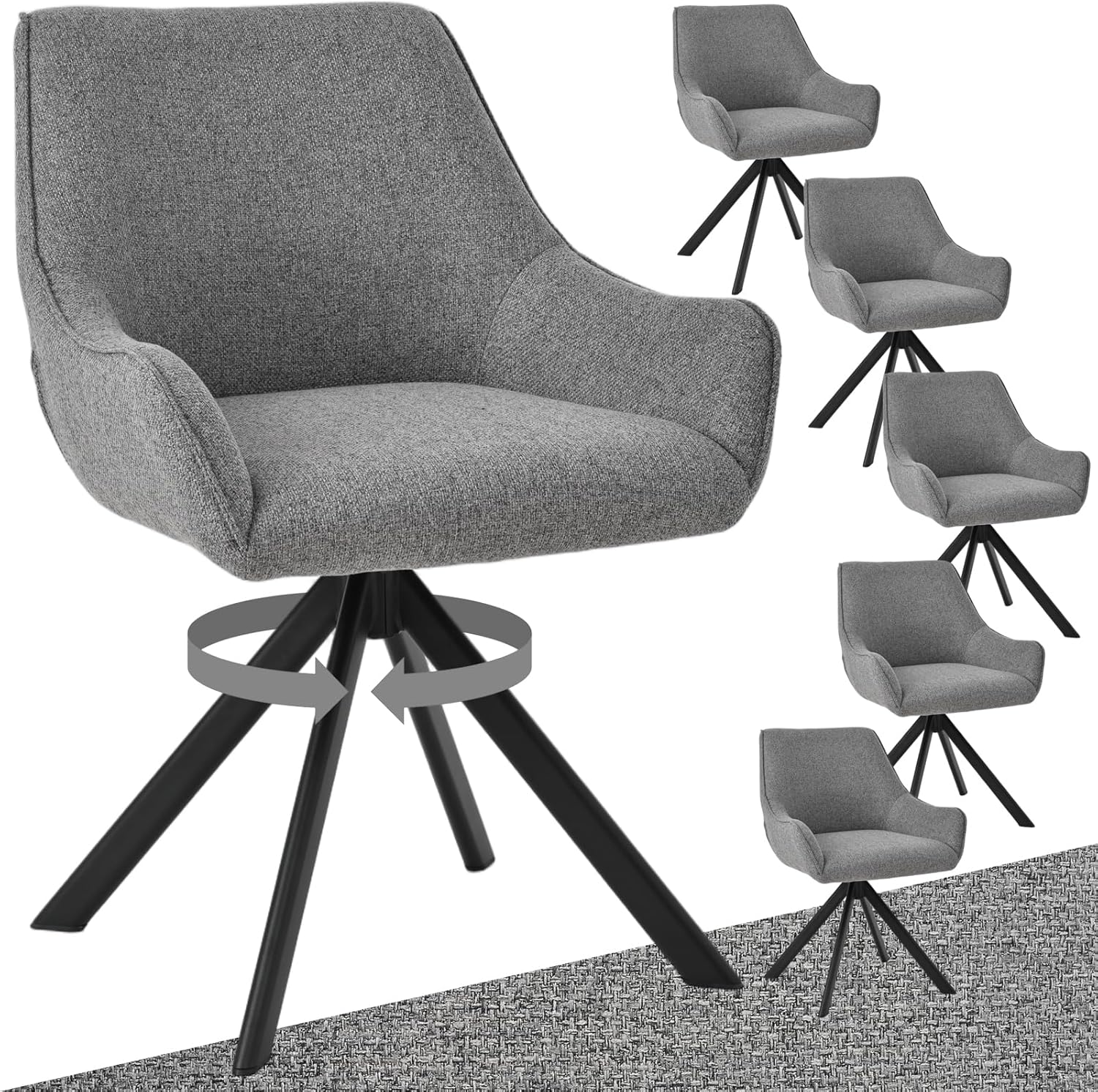 Esszimmerstühle Drehbar 6er Set mit Armlehne – 360°Drehbar Polsterstuhl Leinen Modern Drehstuhl Küchenstuhl mit Metallgestell und Rückenlehne für Esszimmer, Wohnzimmer, Büro, Hellgrau
