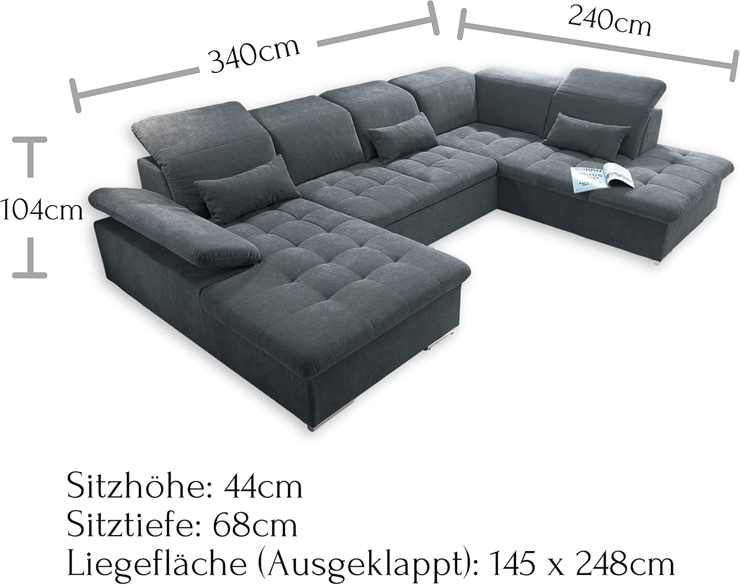 Stella Trading WAYNE Wohnlandschaft in U-Form, Stoffbezug Anthrazit - Ausziehbares Sofa mit Schlaffunktion  und  Bettkasten - 340 x 81 (104) x 188 (240) cm (B/H/T)