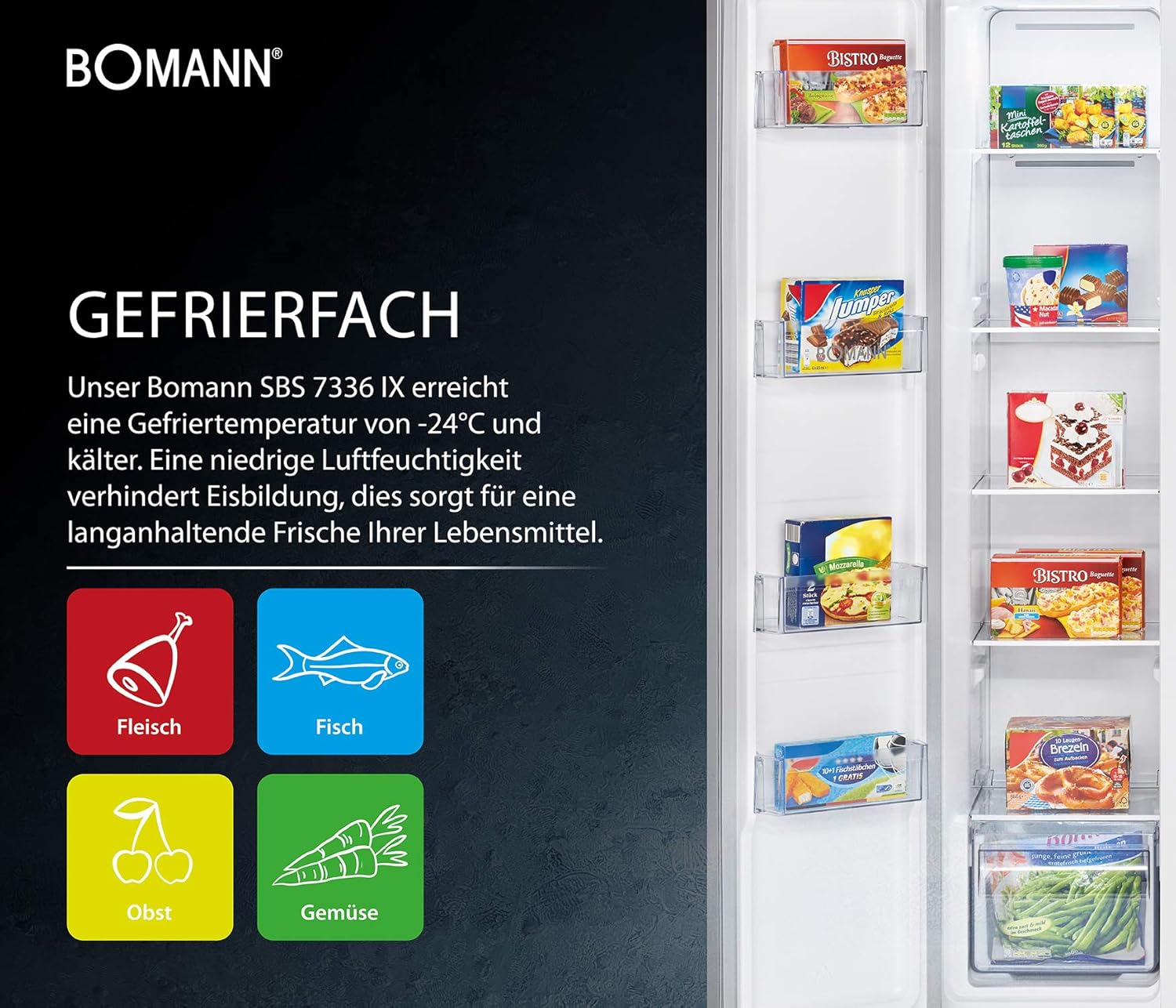 Bomann® French Door Kühlschrank No Frost | Kühl-Gefrier-Kombinationen mit Total No Frost | Kühlschrank mit Gefrierfach 400L | Side by Side Kühlschrank mit MultiAirflow-System | KG 7354 Edelstahl
