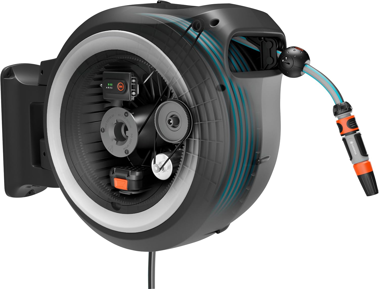 Gardena Akku-Wand-Schlauchbox PowerRoll XL solo: Automatischer Schlauchaufroller mit 35 m Gartenschlauch, Schlauchführung und RollControll, akkubetrieben, UV- und frostbeständig (18642-55)