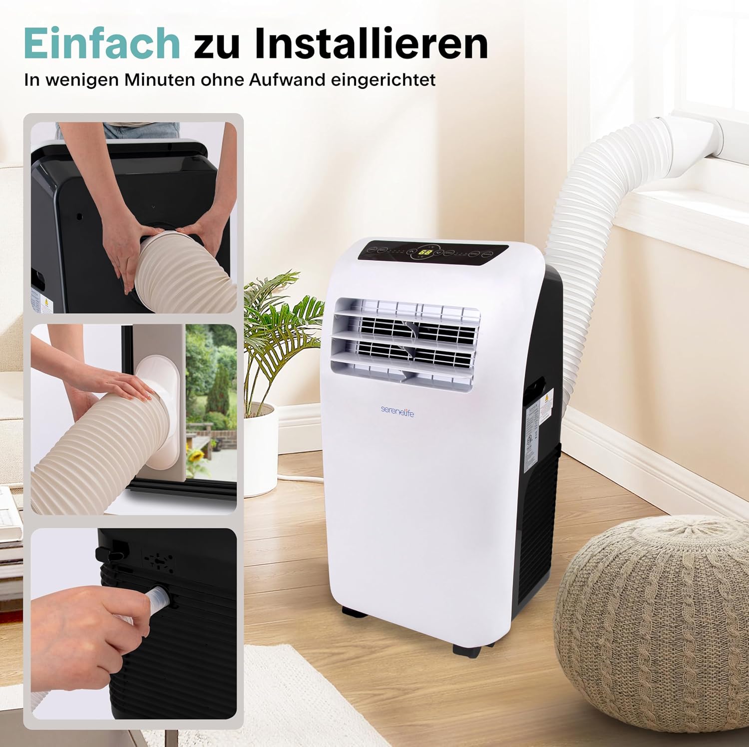 SereneLife Mobile Klimaanlage 2,6 kW 7000 BTU – L52 dB Leises Klimagerät für Schlafzimmer bis 28 m², Angenehme Kühlung an heißen Tagen, mit Entfeuchter, Lüfter & Fernbedienung