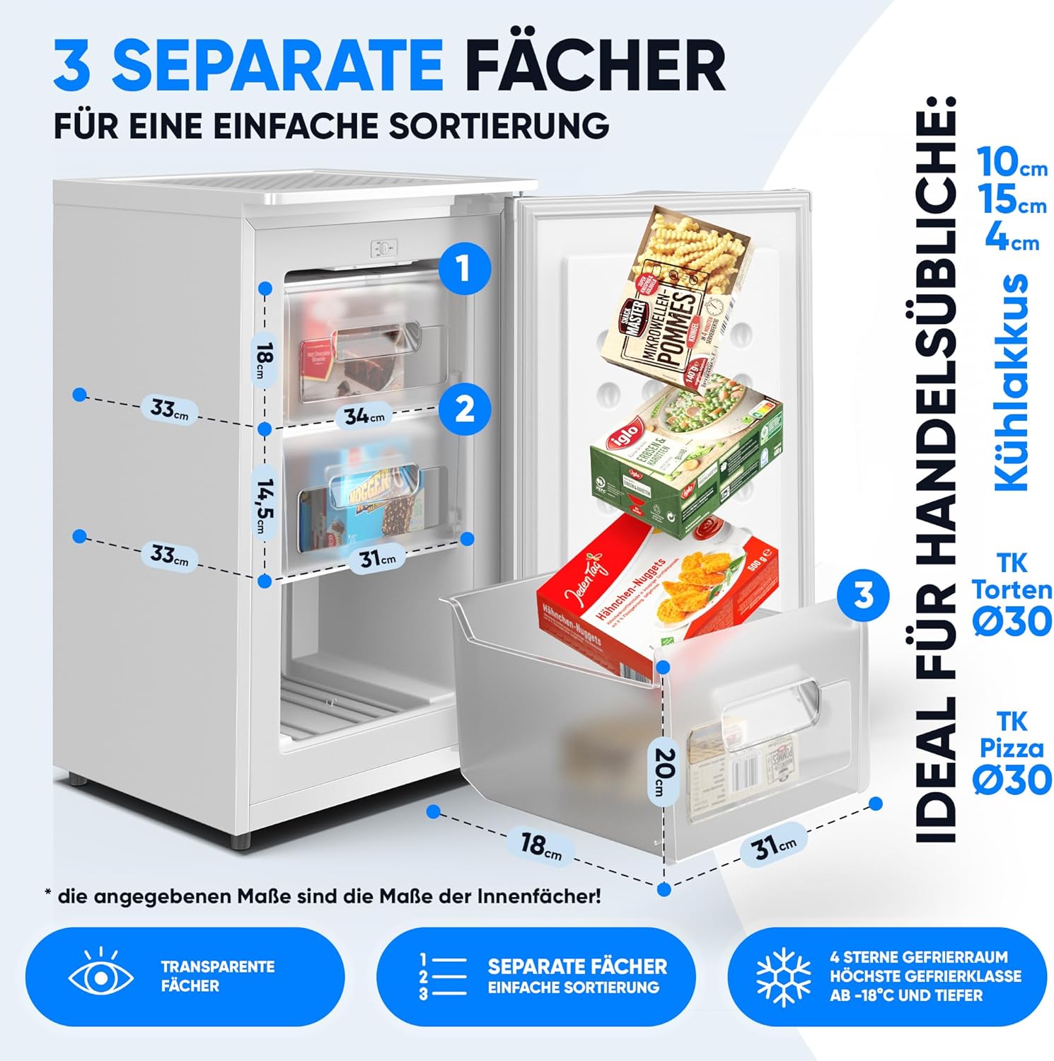 Stillstern Gefrierschrank Klein (73L) 4-Sterne-Gefrierfach -18°C ger. Energiever. Mini Freezer mit 3 Fächer, stufenlos reg. Temp., kleine Tiefkühltruhe, Türanschlag r./l. Tiefkühlschrank R600A Weiß