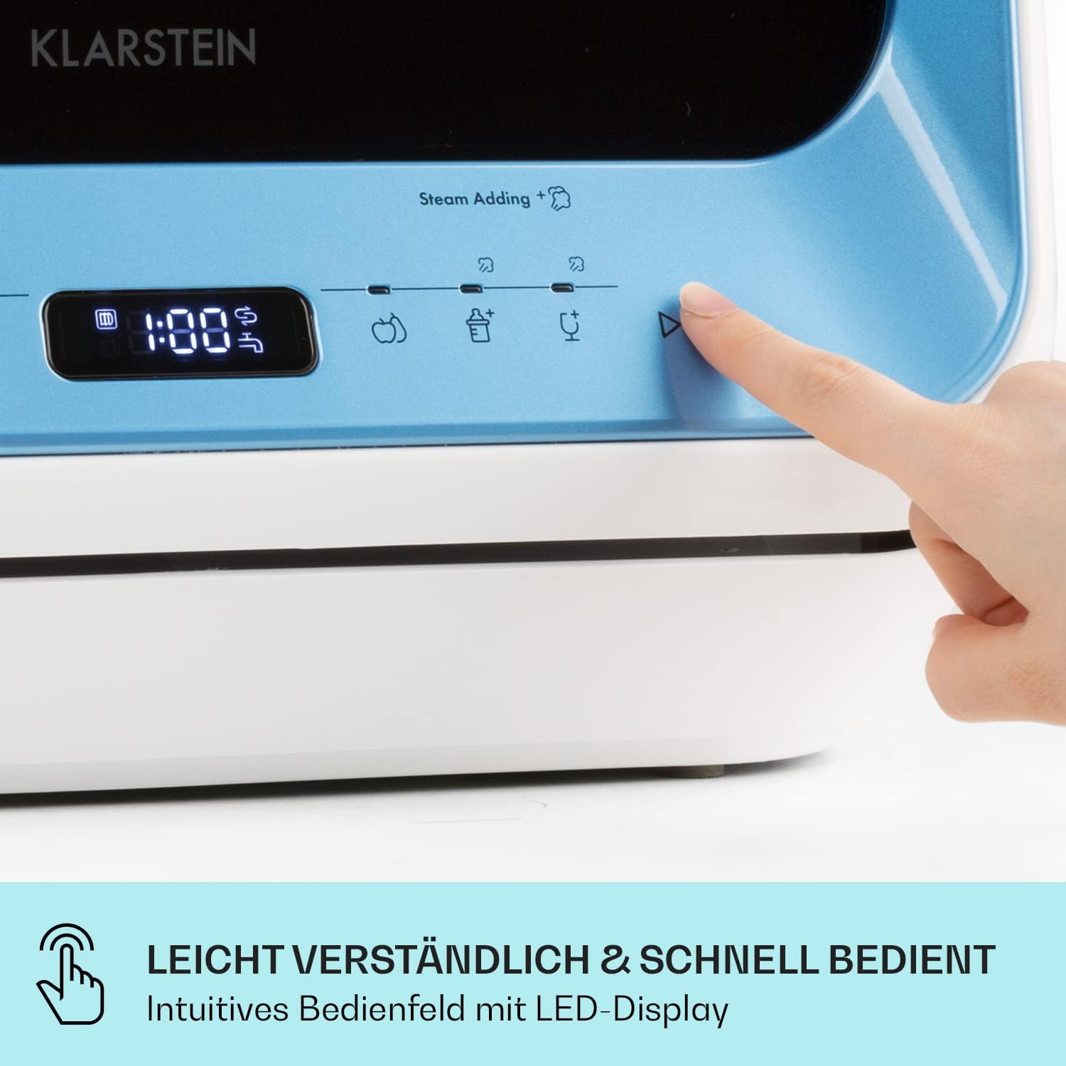Klarstein Amazonia Mini Geschirrspüler – Kompakte Tischspülmaschine mit Wassertank, 7 Programme, 5L, Digitalanzeige, Leise 58dB, Energieeffizienzklasse D, Tragbar für kleine Küchen & Reisen, Blau