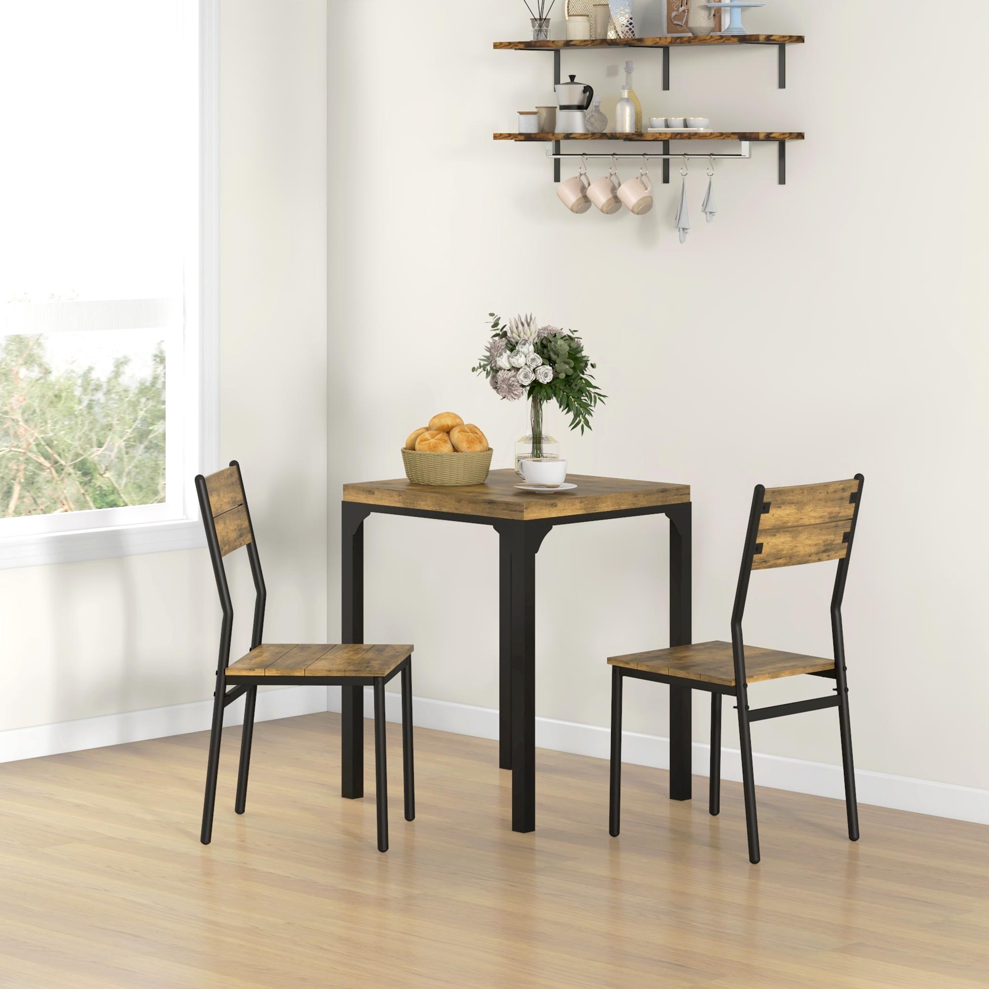 3-delige Eethoek, Esstafel-Set, 1 Tafel, 2 Stoelen, MDF+Metaal, Bruin
