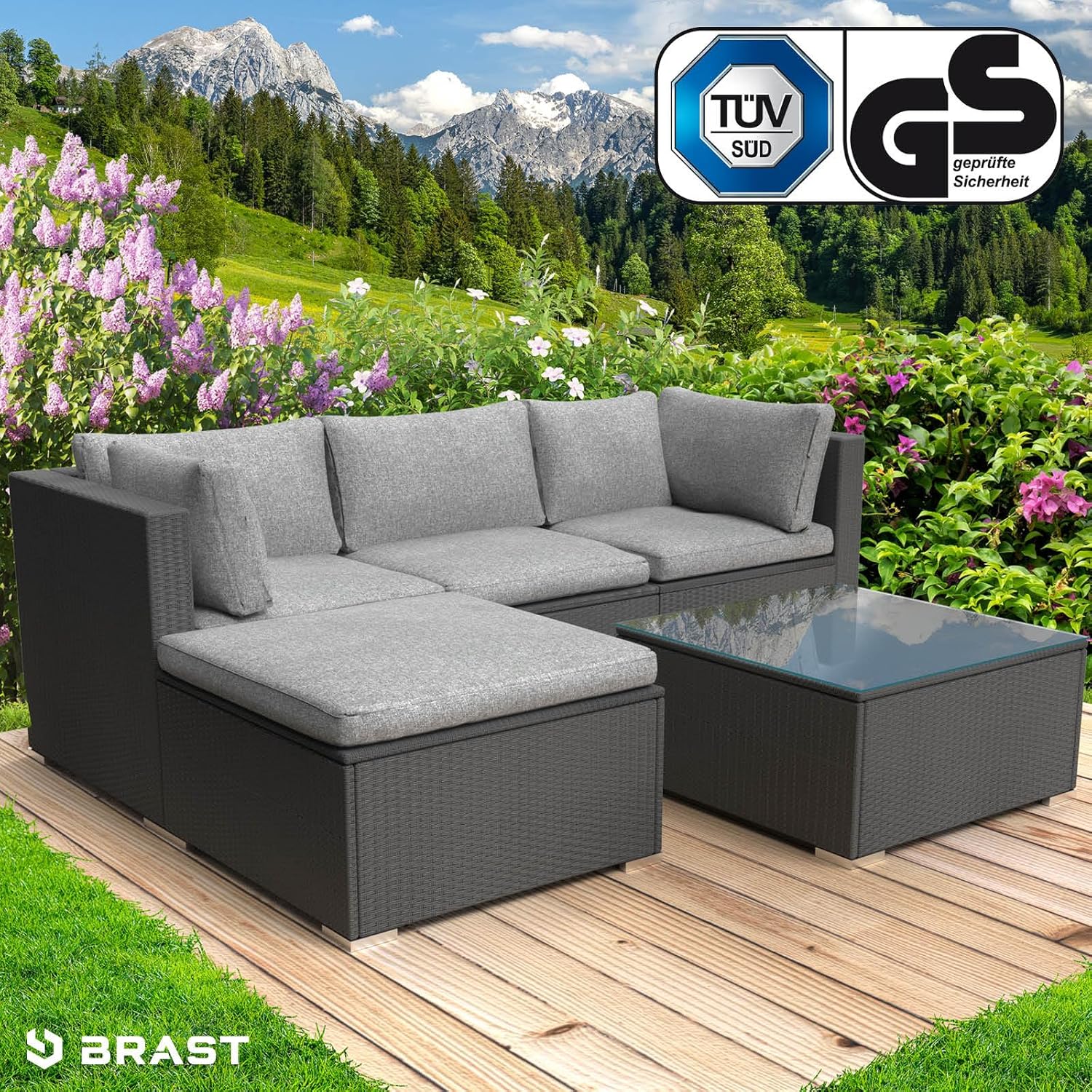 BRAST® Gartenmöbel Lounge Set | 4-5 Personen viele Modelle & Farben | inkl. extra Dicke Kissen | TÜV geprüft | Outdoor Loungemöbel Sitzgruppe Essgruppe Garnitur | Royal Schwarz