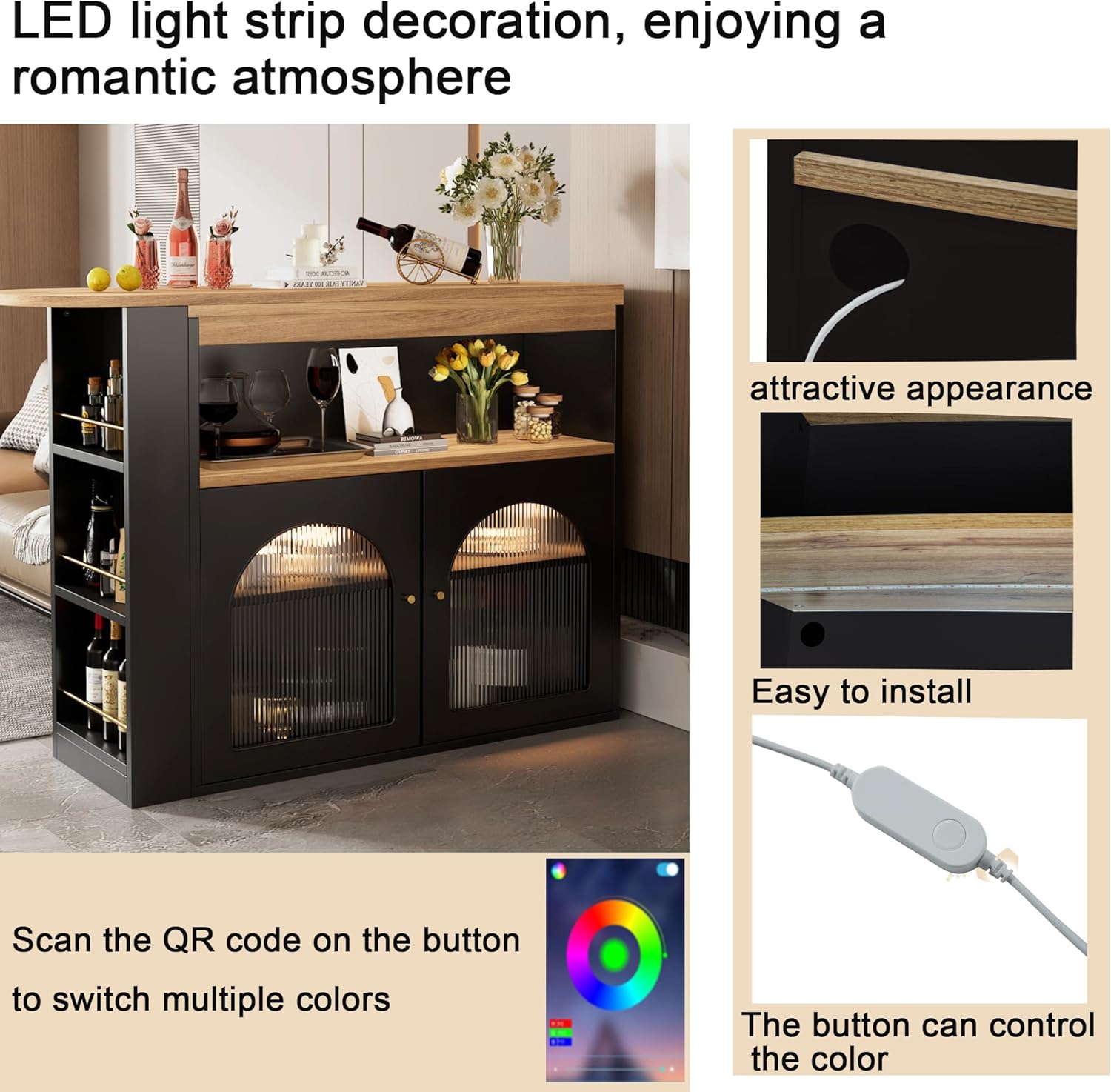 Moderner ausziehbarer Bartisch,Ausziehbarer Esstisch mit Stauraum, Stehtisch Bistrotisch, drehbar, für Esszimmer,Mit 1m langem LED (Schwarz)