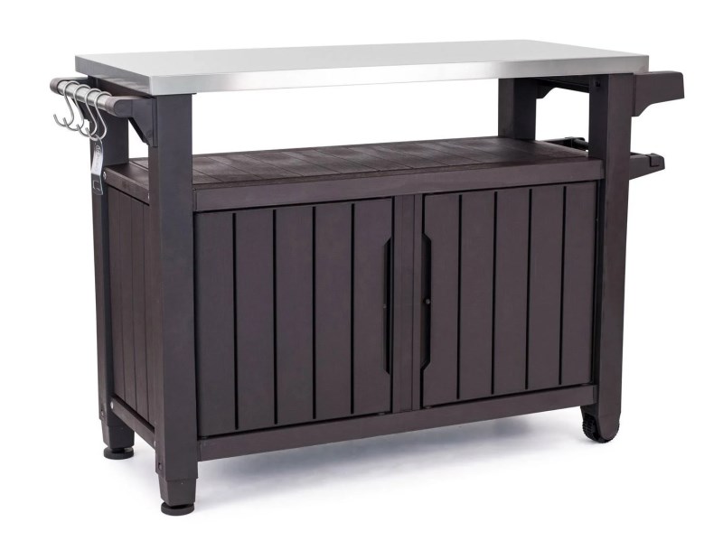 Keter Unity XL Portable Outdoor Table and Storage Cabinet with Accessory Hooks, Espresso Brown